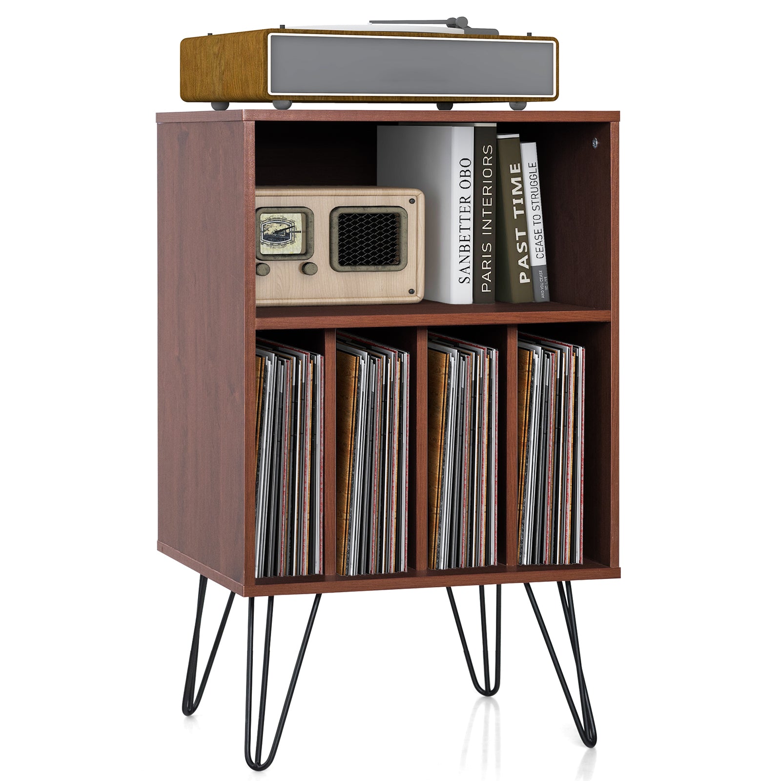 Freestanding Record Player Stand Record Storage Cabinet with Metal Legs-Coffee