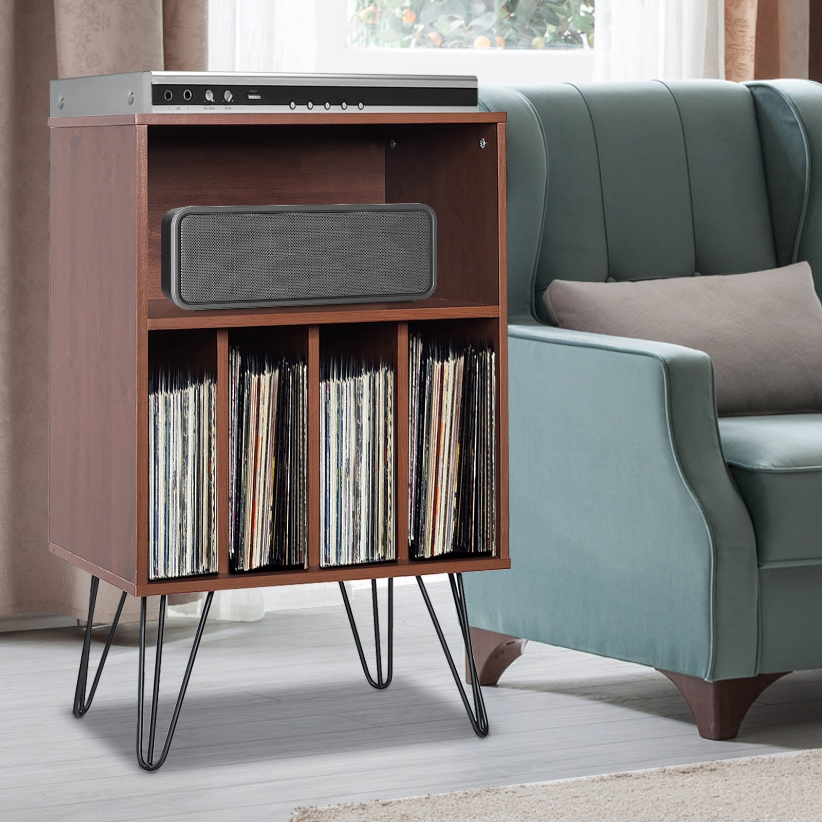 Freestanding Record Player Stand Record Storage Cabinet with Metal Legs-Coffee