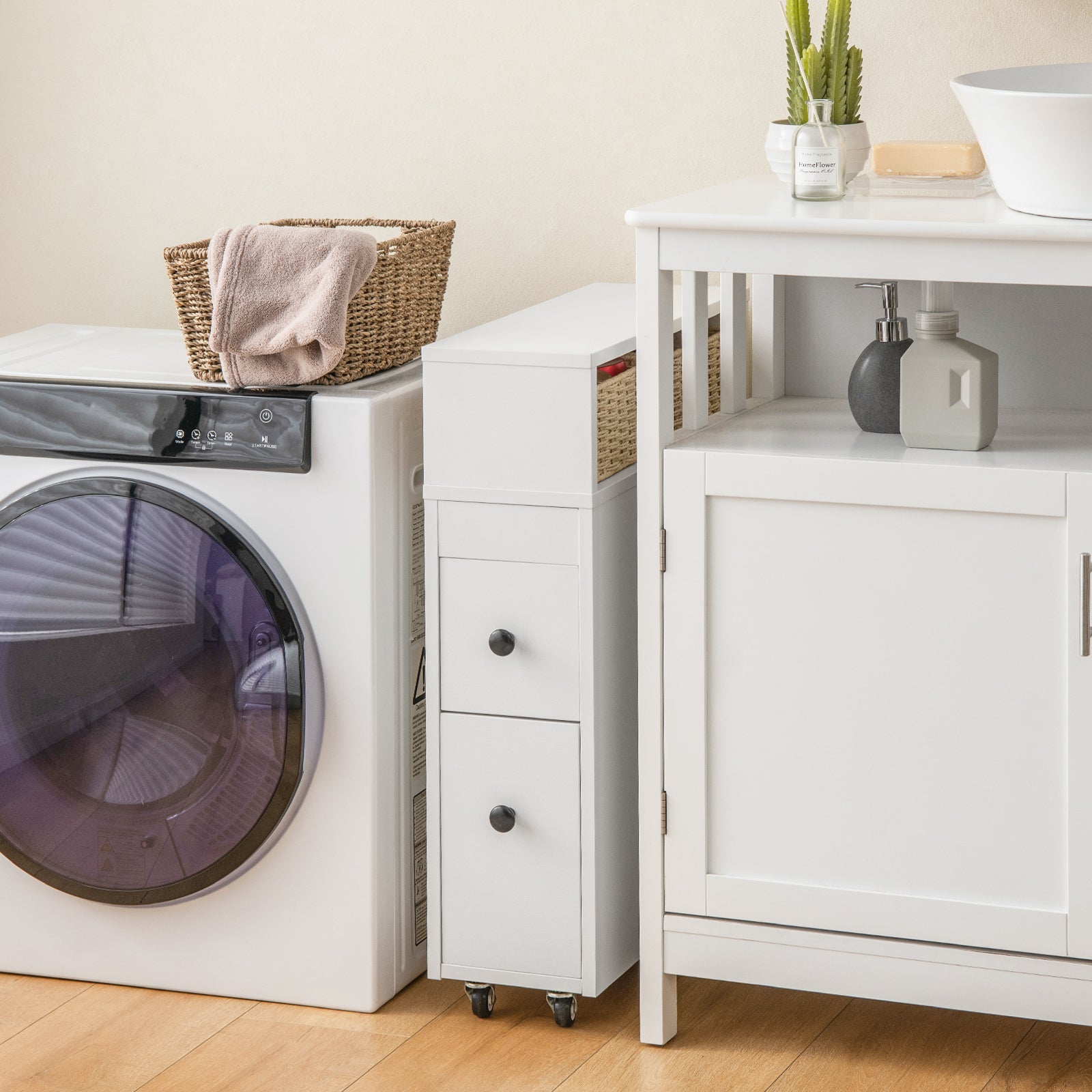Slim Bathroom Cabinet Wooden Toilet Organizer with Deep Slide Out DrawersÂ 