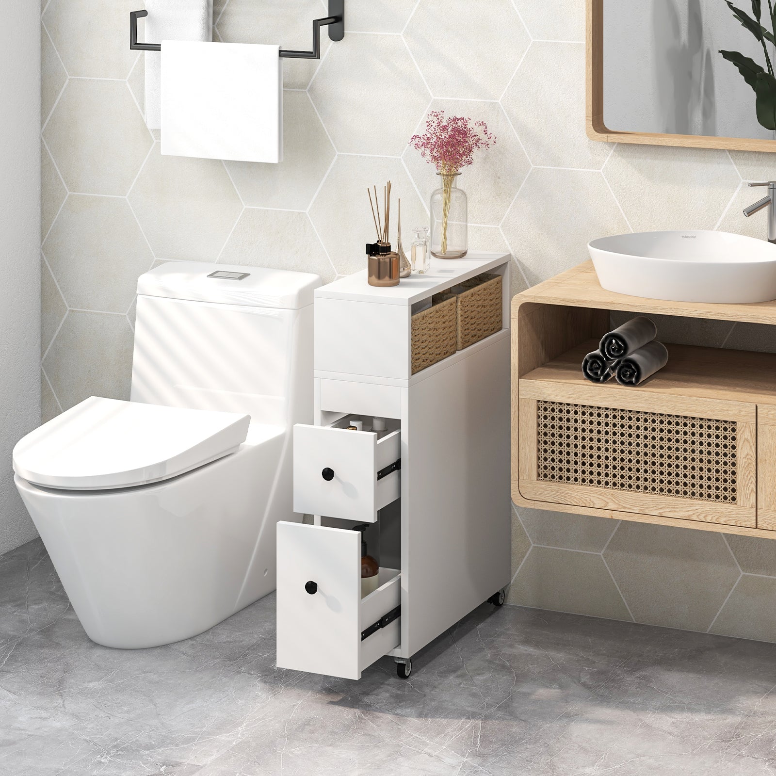 Slim Bathroom Cabinet Wooden Toilet Organizer with Deep Slide Out DrawersÂ 