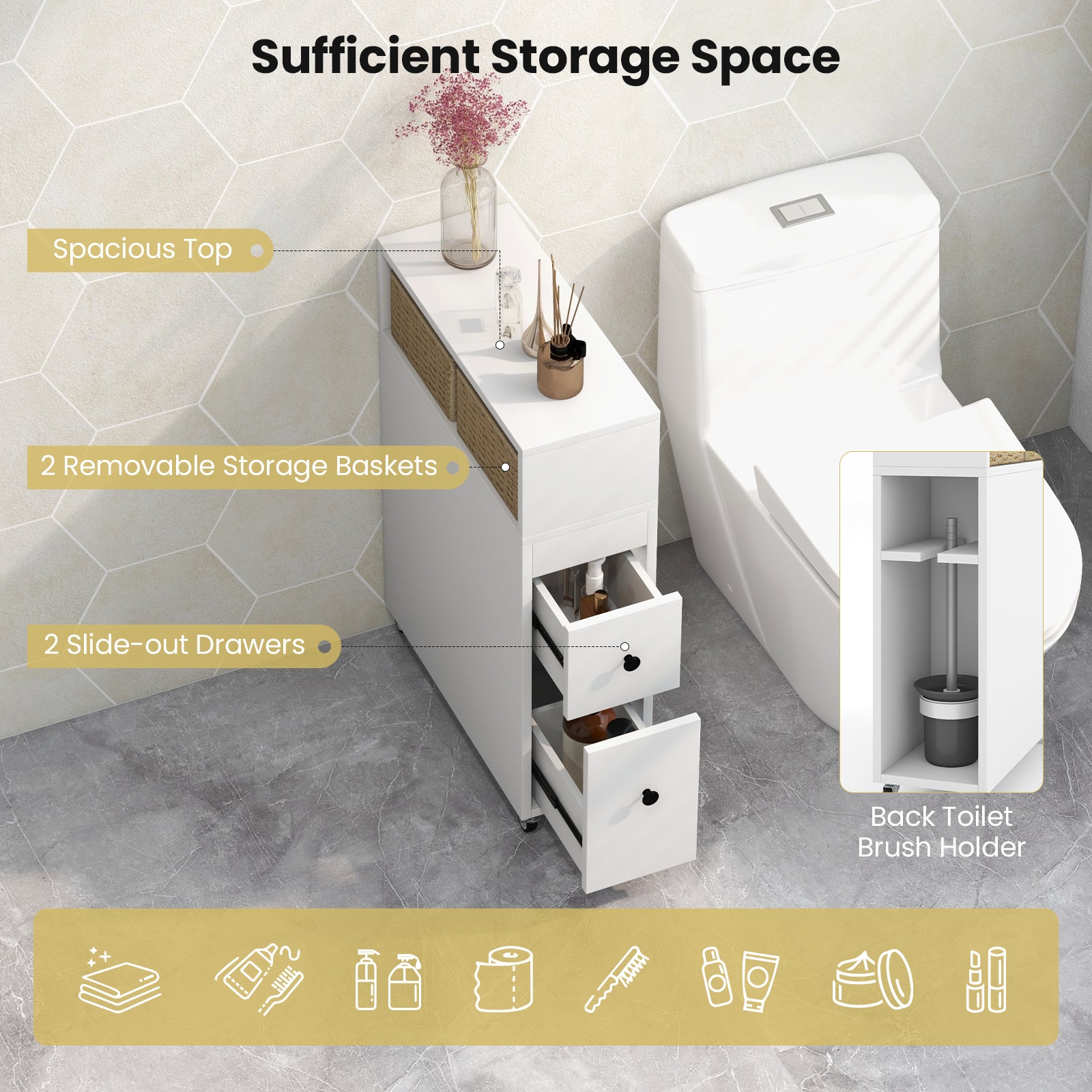 Slim Bathroom Cabinet Wooden Toilet Organizer with Deep Slide Out DrawersÂ 