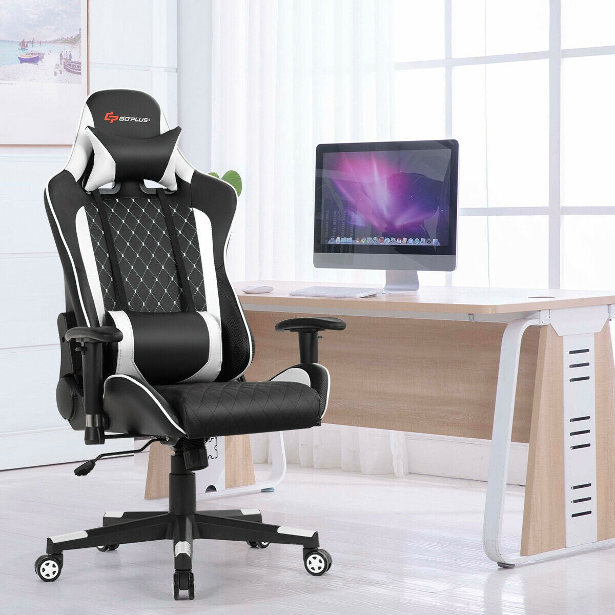 Massage Gaming Chair with Lumbar Support and Headrest-WhiteÂ 