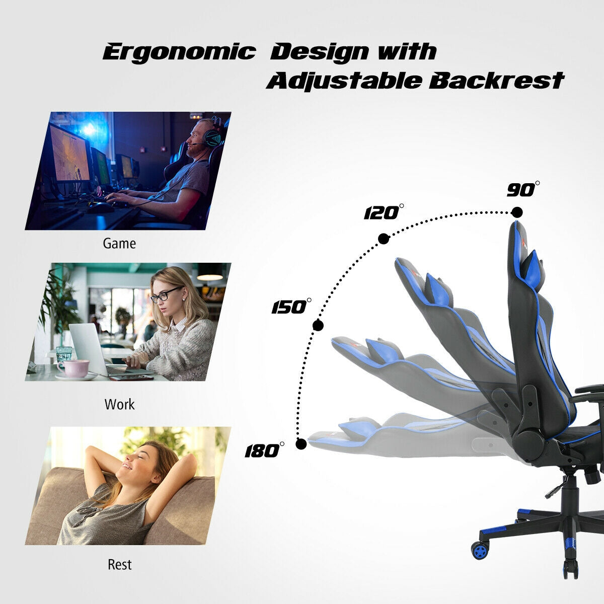 Massage Gaming Chair with Lumbar Support and Headrest-BlueÂ 