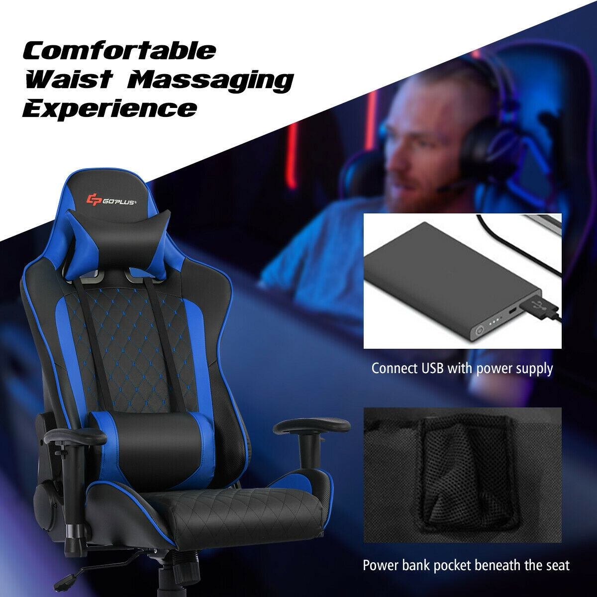 Massage Gaming Chair with Lumbar Support and Headrest-BlueÂ 