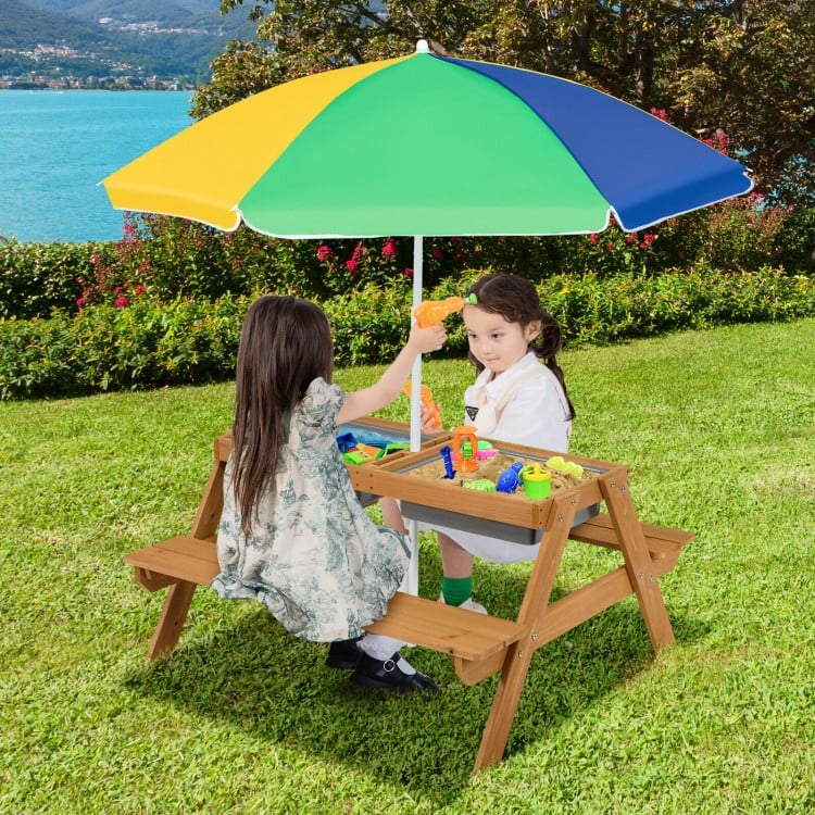 Kids 3-in-1 Outdoor Picnic Water Sand Table with Umbrella Play Boxes