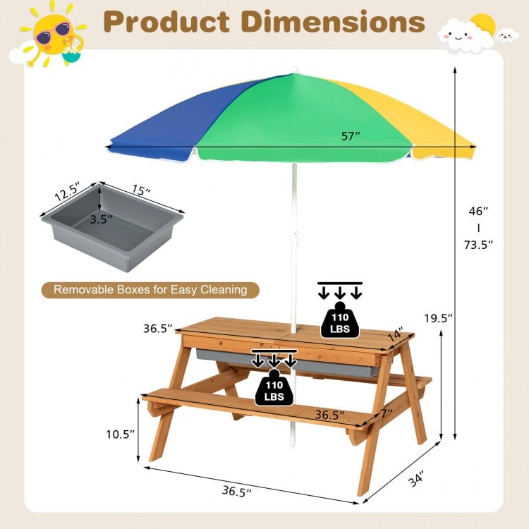 Kids 3-in-1 Outdoor Picnic Water Sand Table with Umbrella Play Boxes