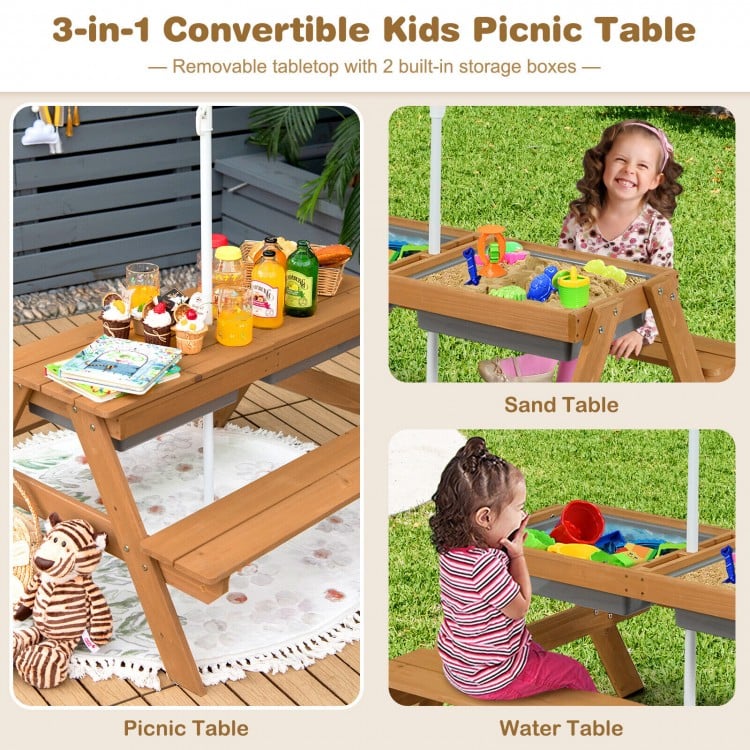 Kids 3-in-1 Outdoor Picnic Water Sand Table with Umbrella Play Boxes
