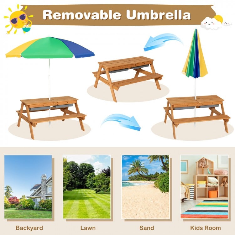 Kids 3-in-1 Outdoor Picnic Water Sand Table with Umbrella Play Boxes