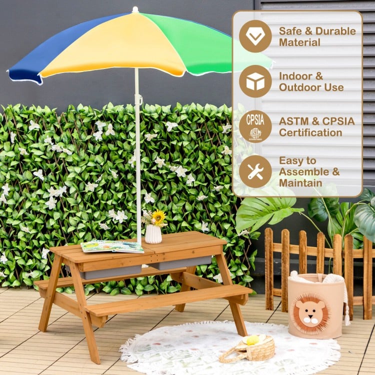 Kids 3-in-1 Outdoor Picnic Water Sand Table with Umbrella Play Boxes