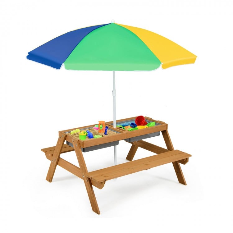 Kids 3-in-1 Outdoor Picnic Water Sand Table with Umbrella Play Boxes