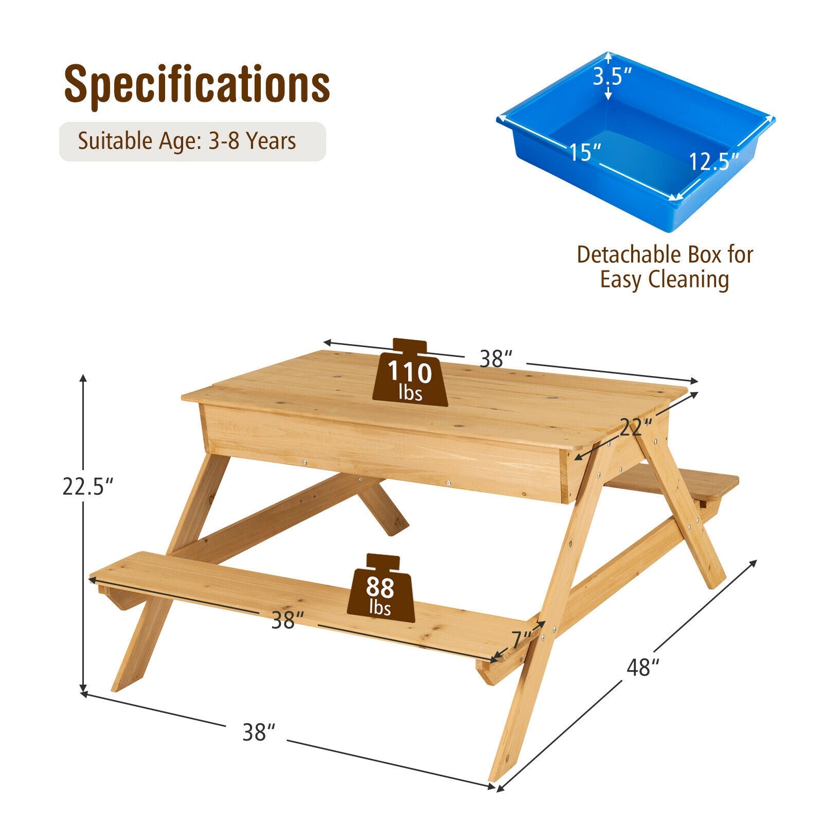 3-in-1 Kids Picnic Table Wooden Outdoor Water Sand Table with Play Boxes 