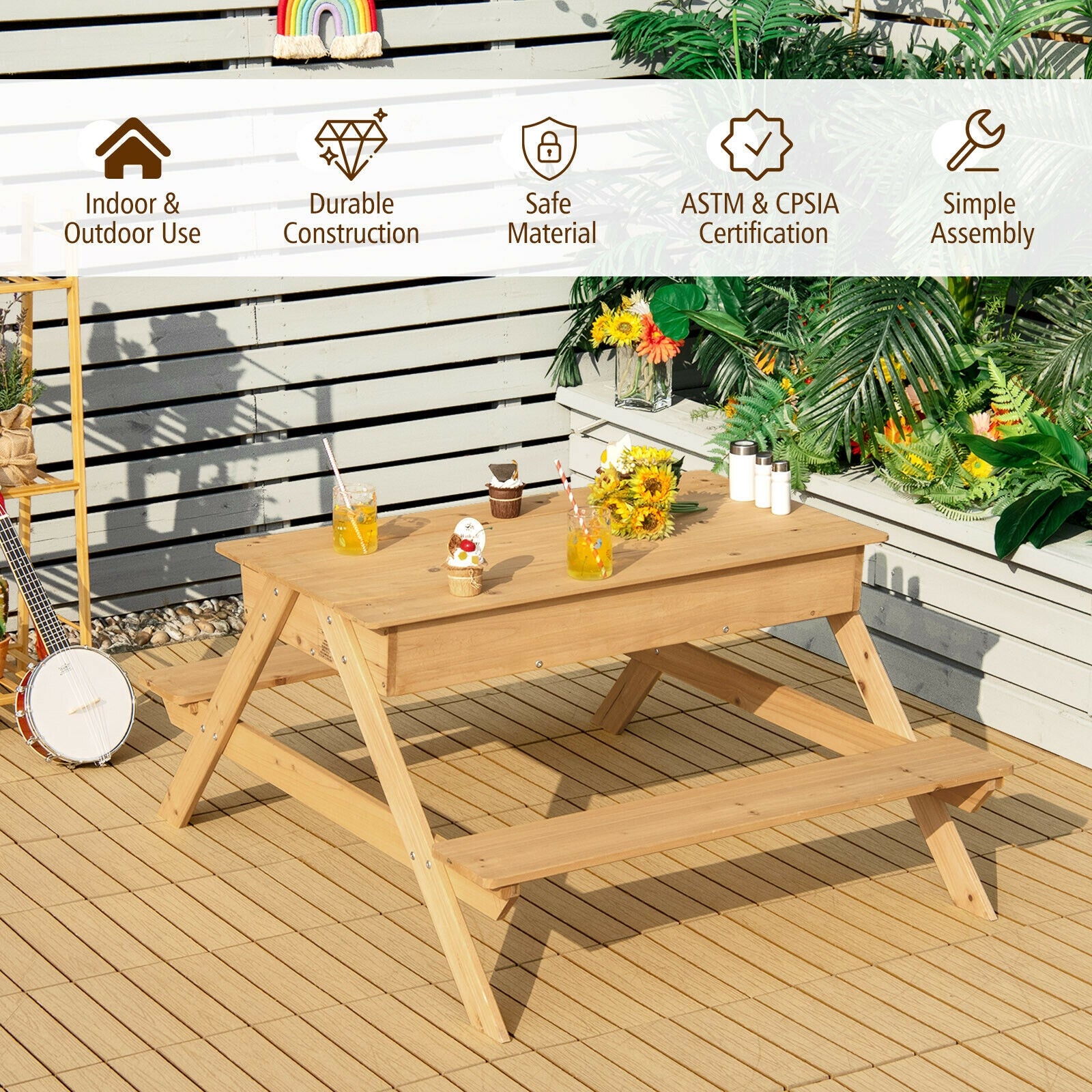 3-in-1 Kids Picnic Table Wooden Outdoor Water Sand Table with Play Boxes 