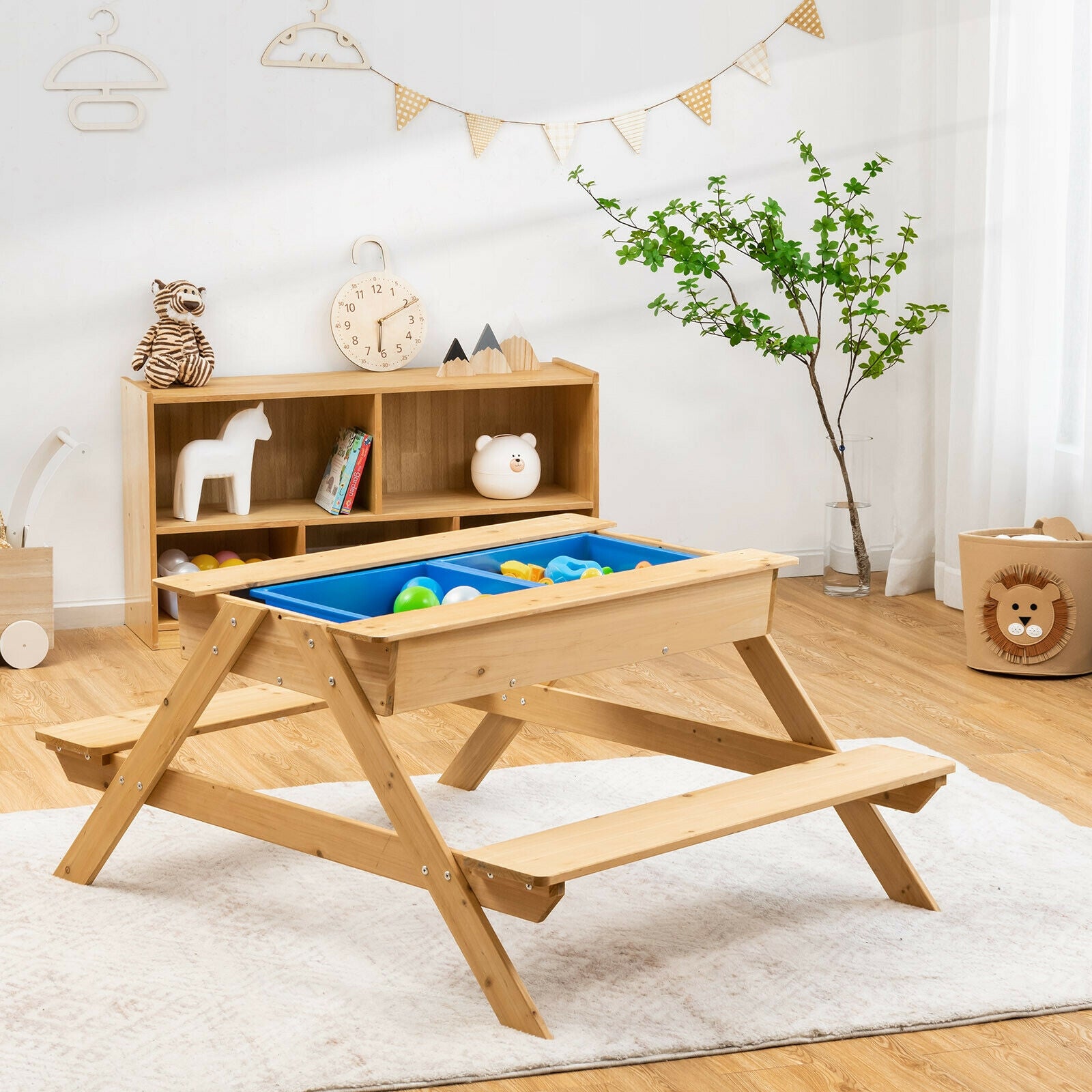 3-in-1 Kids Picnic Table Wooden Outdoor Water Sand Table with Play Boxes 