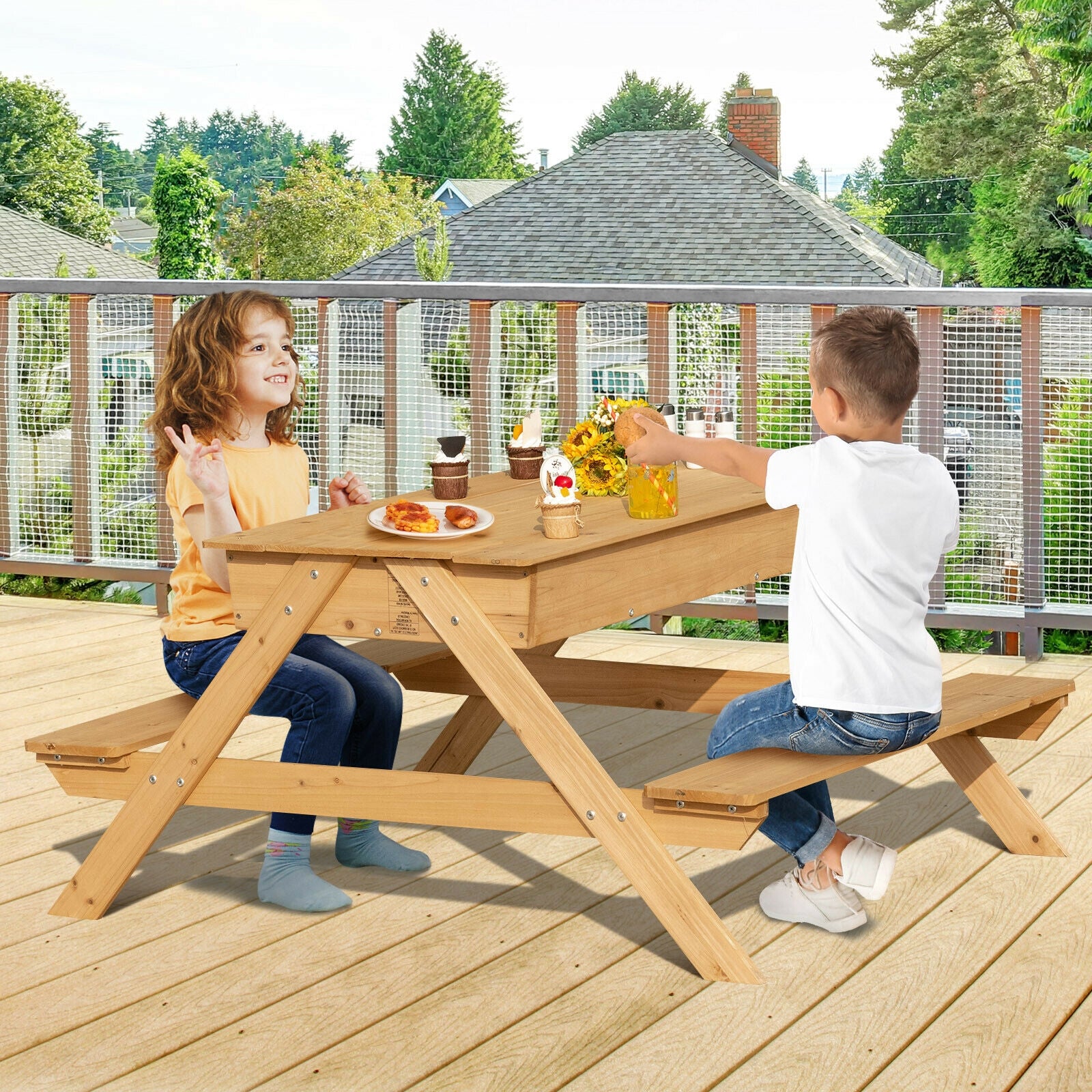 3-in-1 Kids Picnic Table Wooden Outdoor Water Sand Table with Play Boxes 