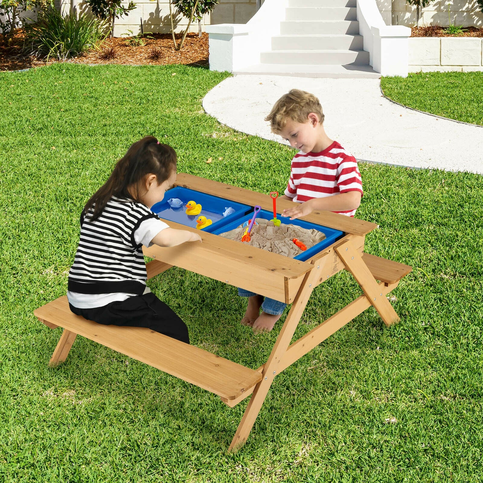 3-in-1 Kids Picnic Table Wooden Outdoor Water Sand Table with Play Boxes 