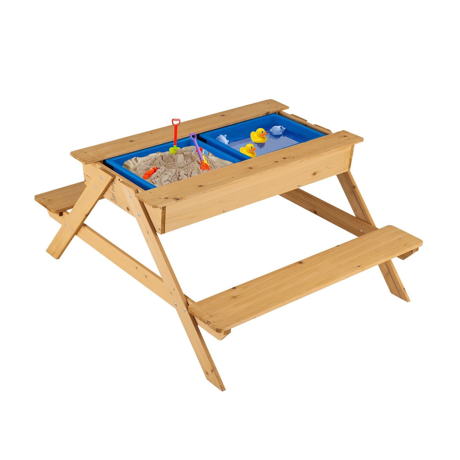 3-in-1 Kids Picnic Table Wooden Outdoor Water Sand Table with Play Boxes 