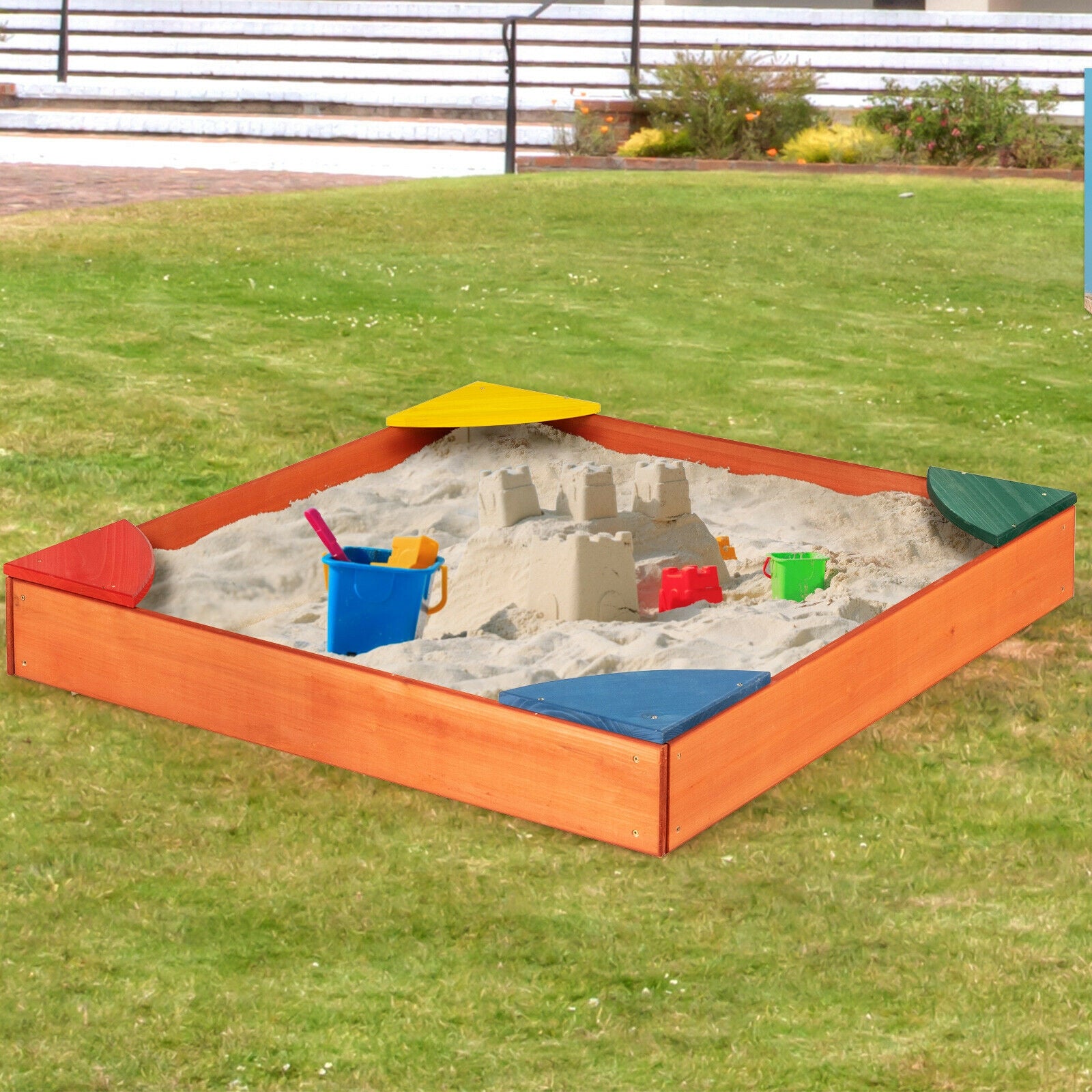 Kids Outdoor Wooden Backyard Sandbox with Built-in Corner Seating 