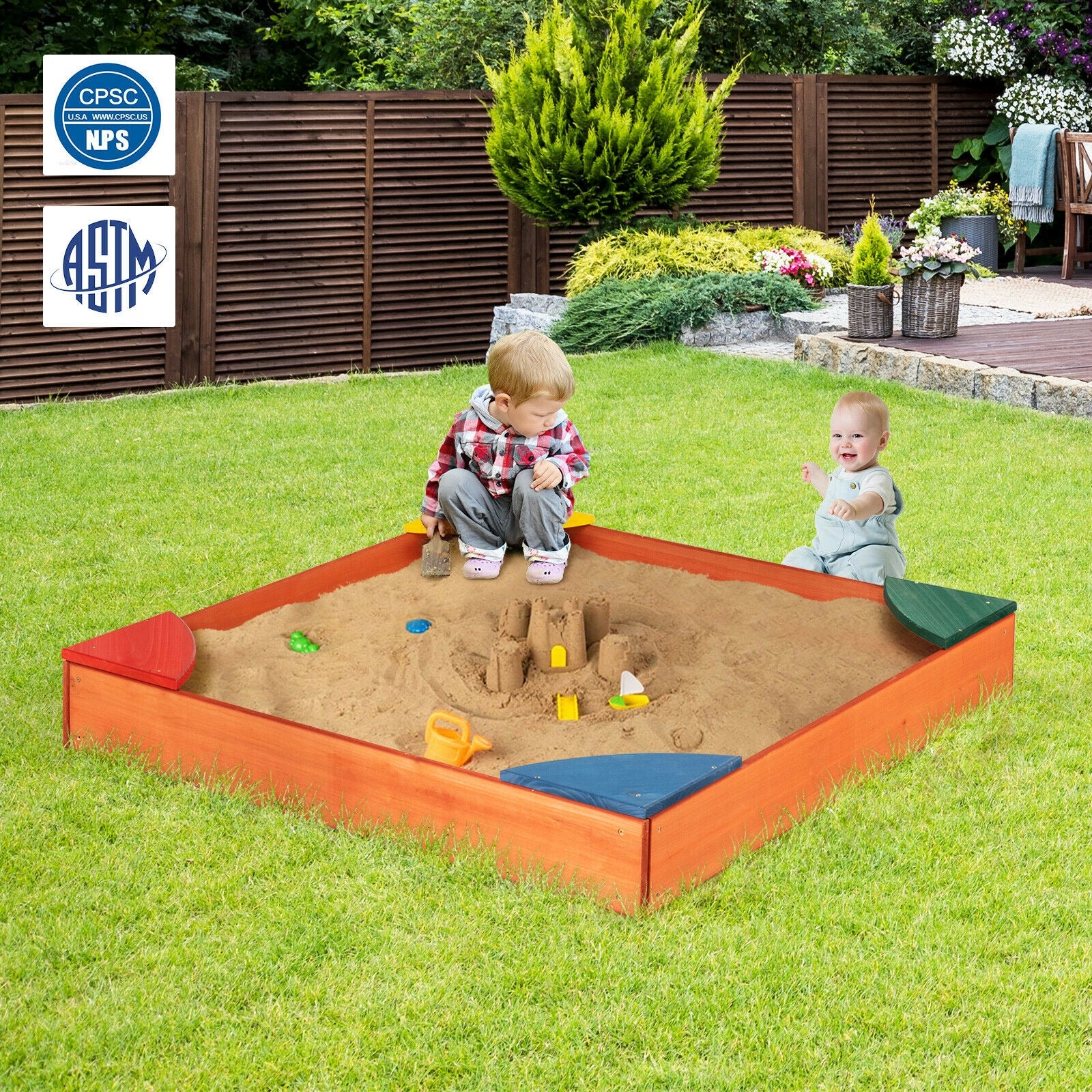 Kids Outdoor Wooden Backyard Sandbox with Built-in Corner Seating 