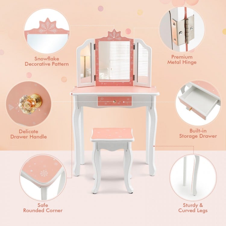 Princess Vanity Table and Chair Set with Tri-Folding Mirror and Snowflake Print-Pink
