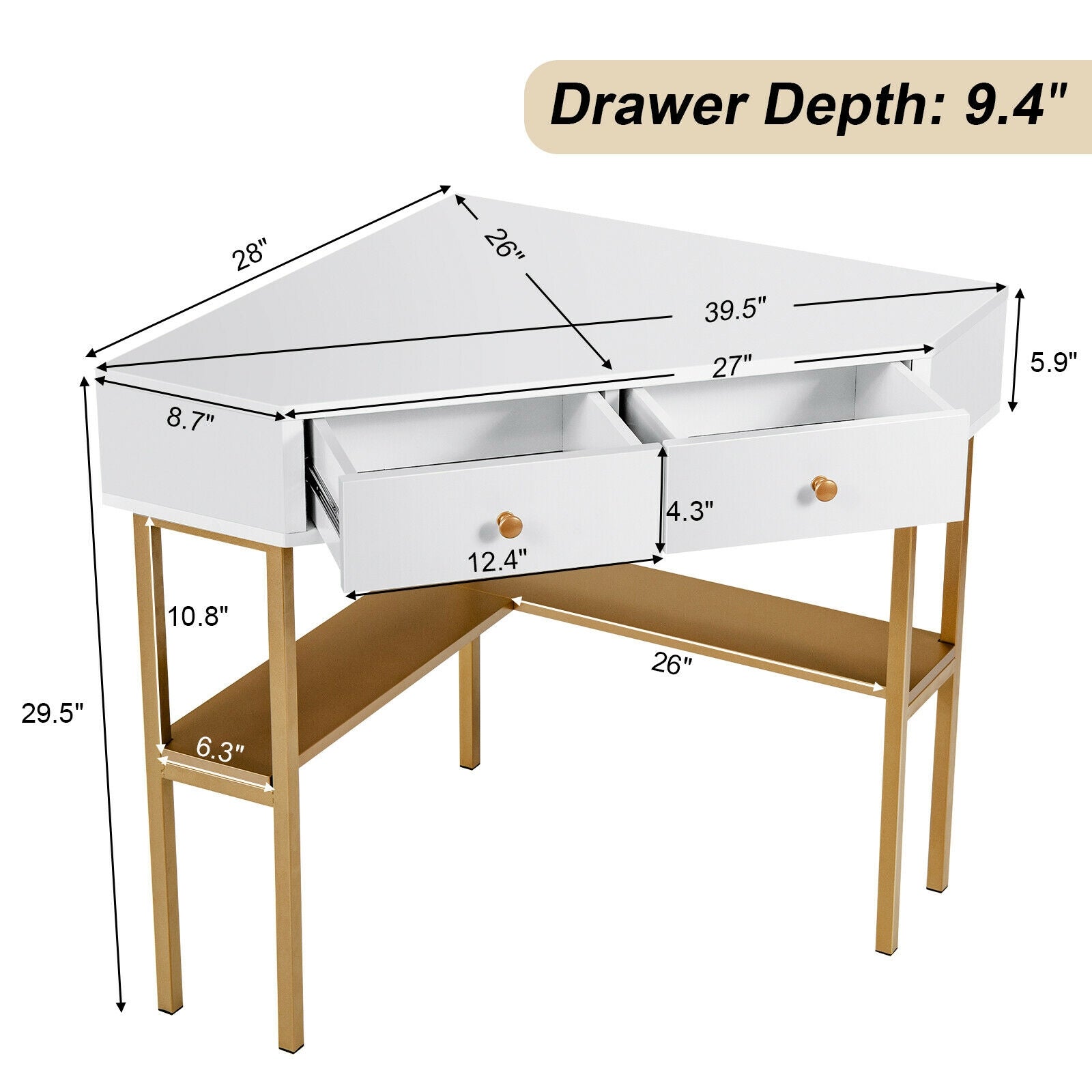 Space Saving Corner Computer Desk with 2 Large Drawers and Storage Shelf-Golden