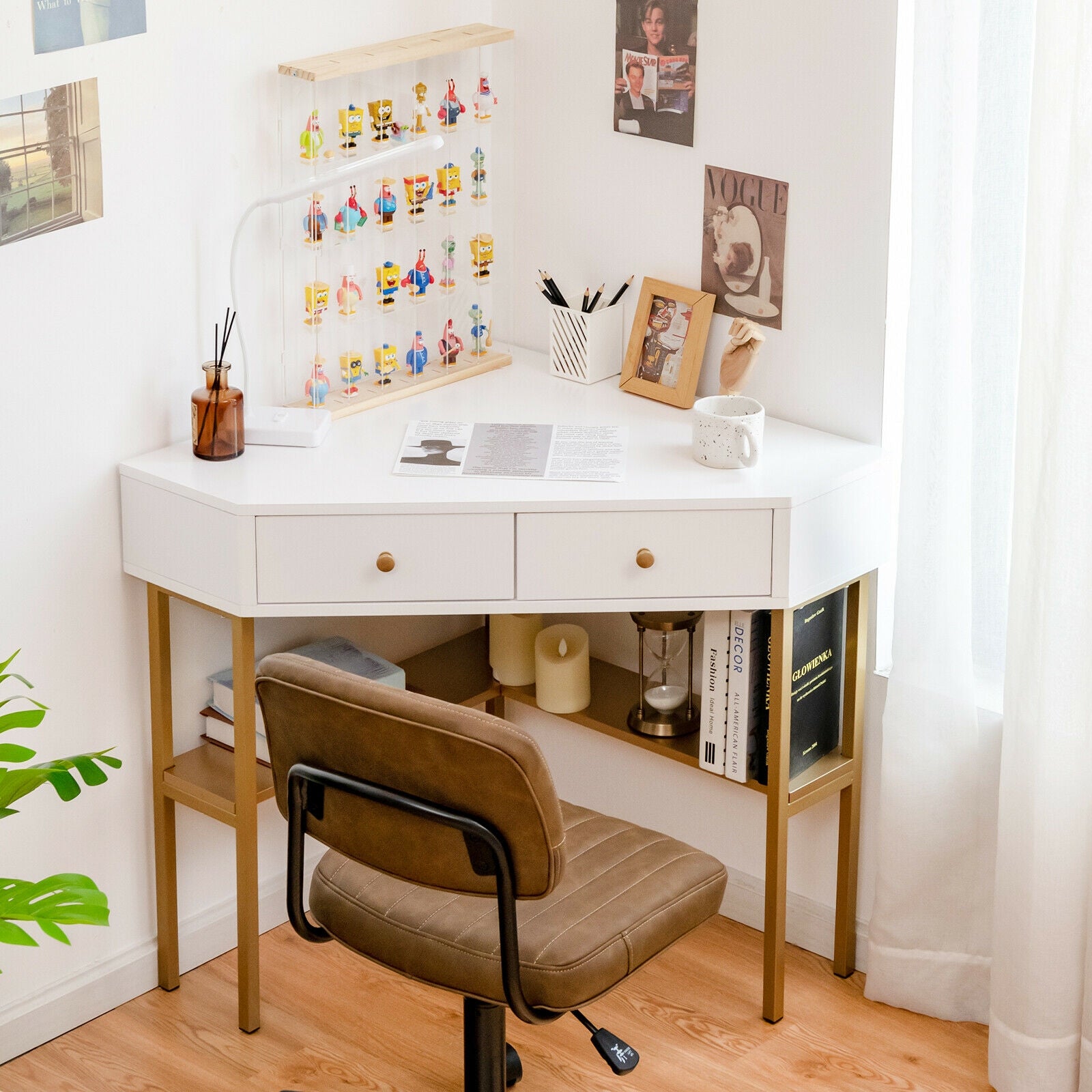 Space Saving Corner Computer Desk with 2 Large Drawers and Storage Shelf-Golden