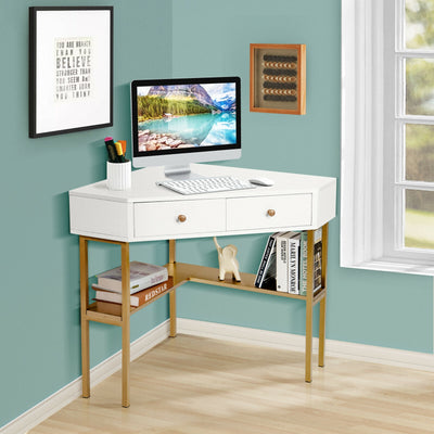 Space Saving Corner Computer Desk with 2 Large Drawers and Storage Shelf-Golden 