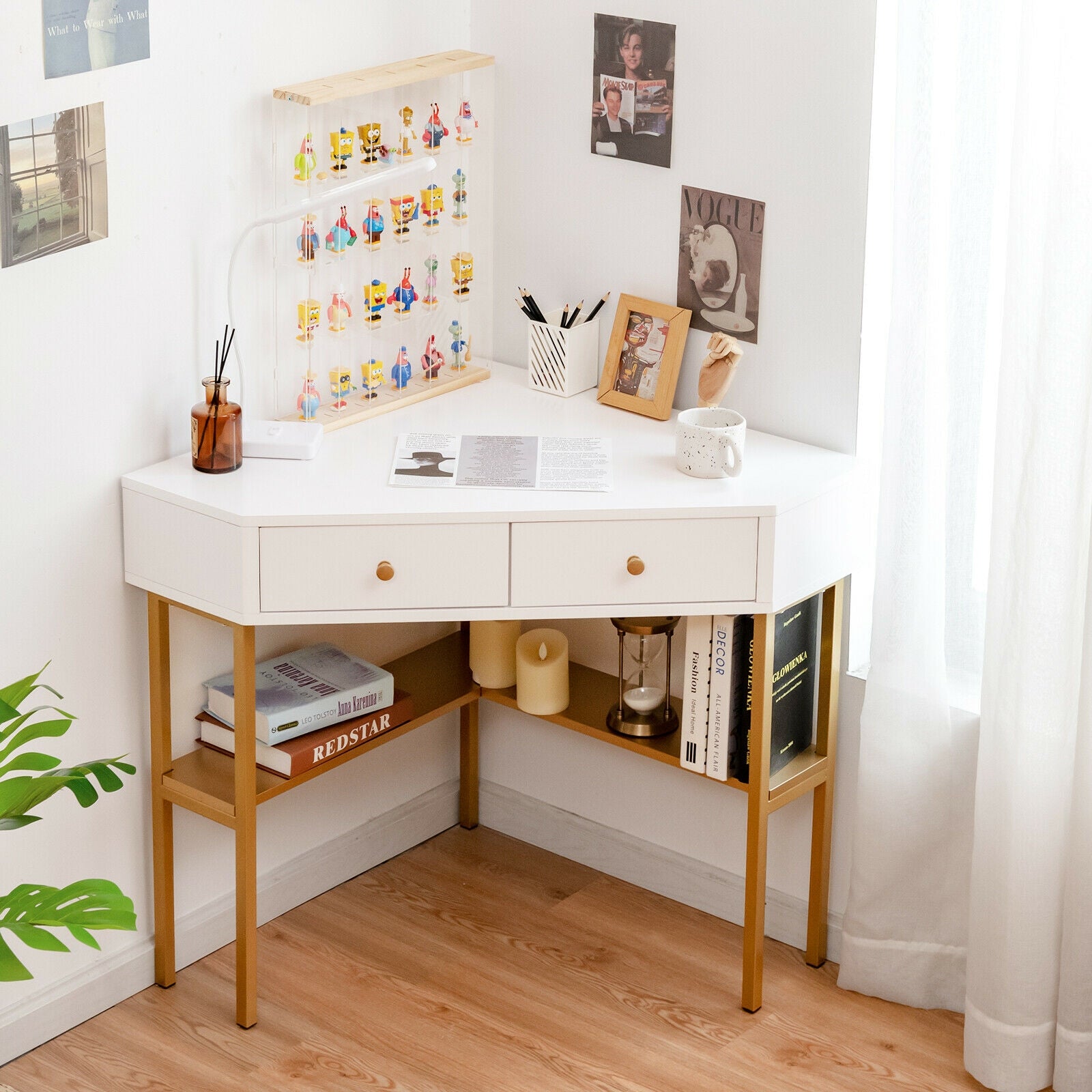 Space Saving Corner Computer Desk with 2 Large Drawers and Storage Shelf-Golden