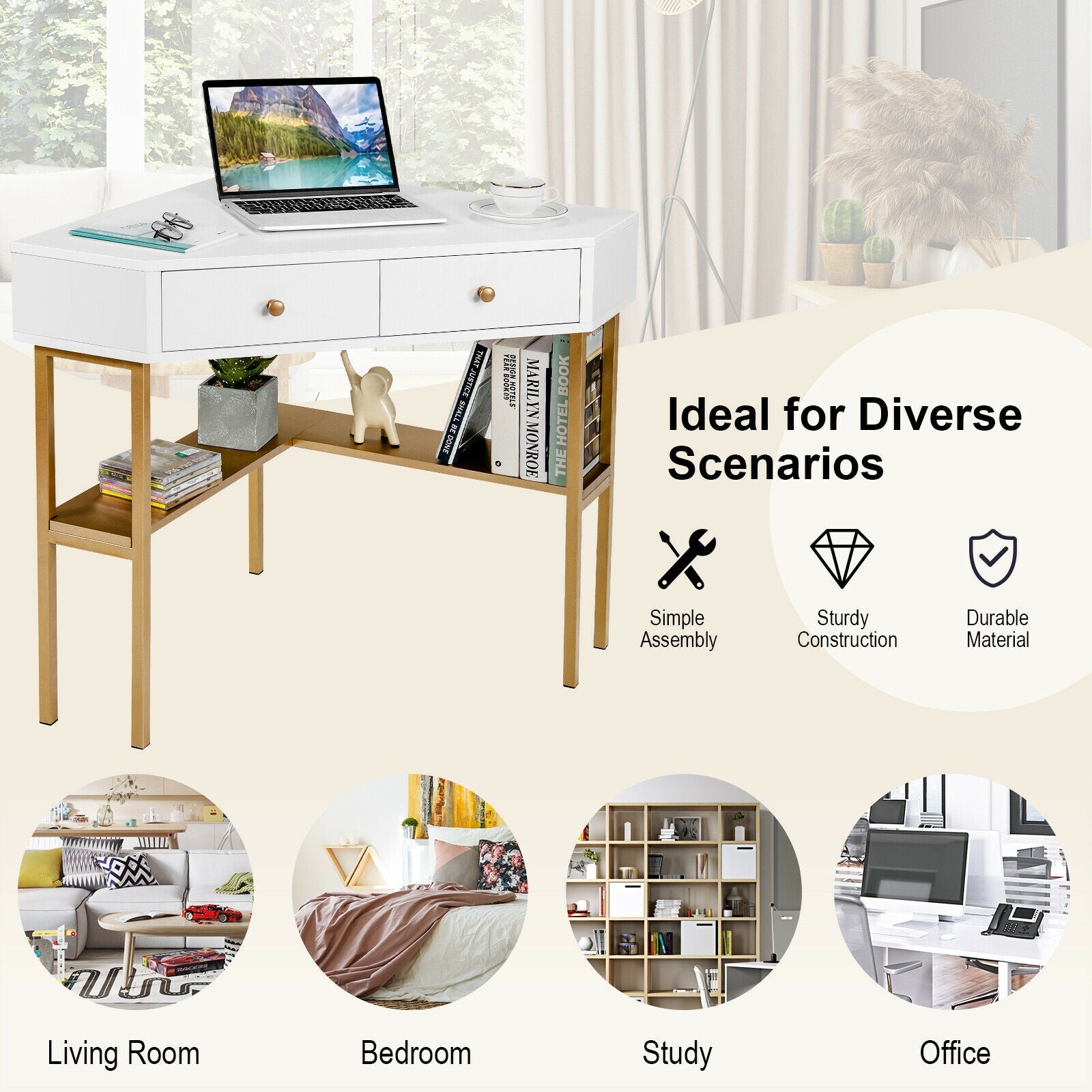 Space Saving Corner Computer Desk with 2 Large Drawers and Storage Shelf-Golden