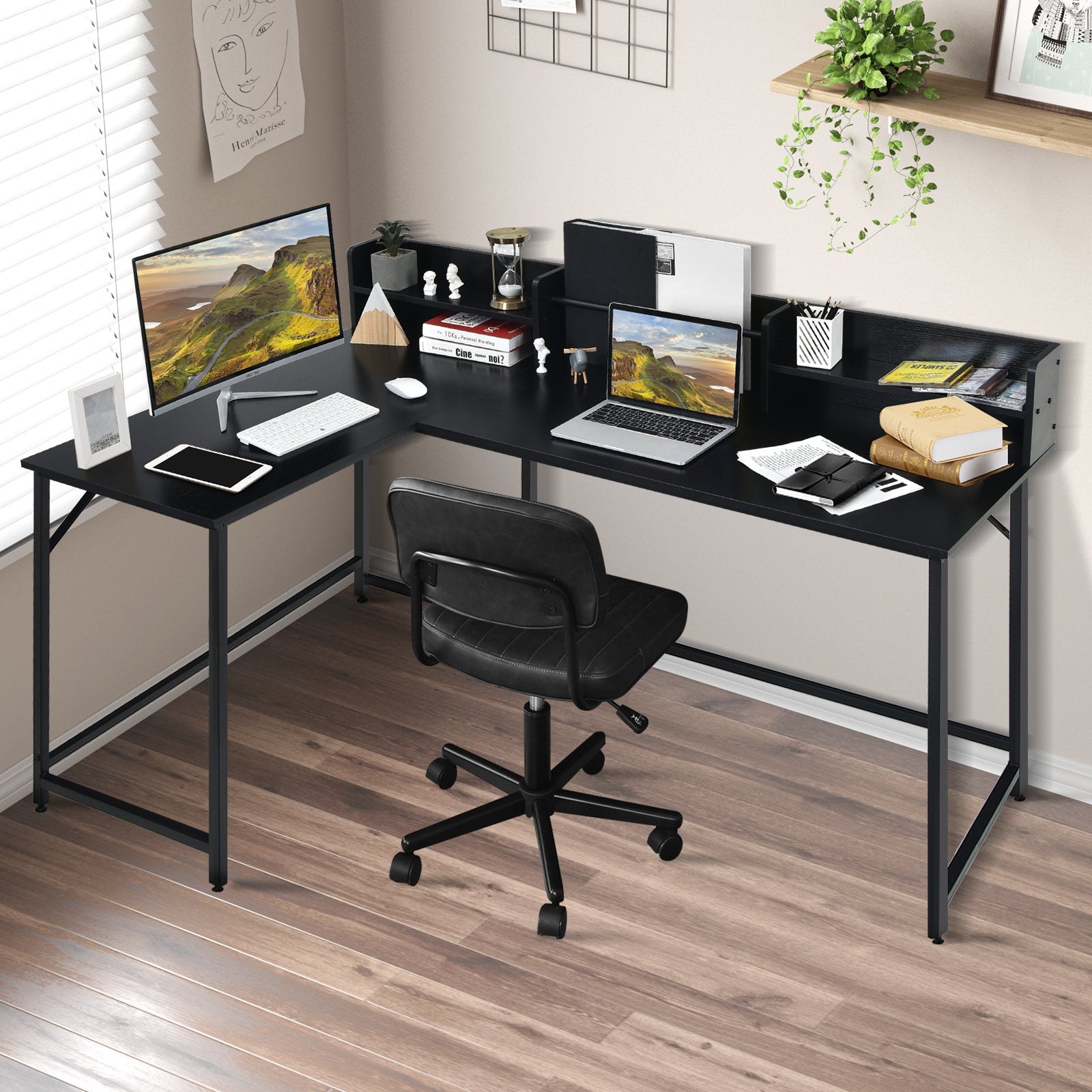 5.5 Inch L-shaped Computer Desk with Bookshelf-Black