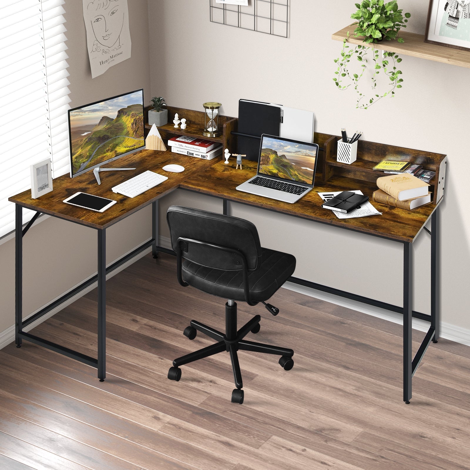 5.5 Inch L-shaped Computer Desk with Bookshelf-Rustic Brown 