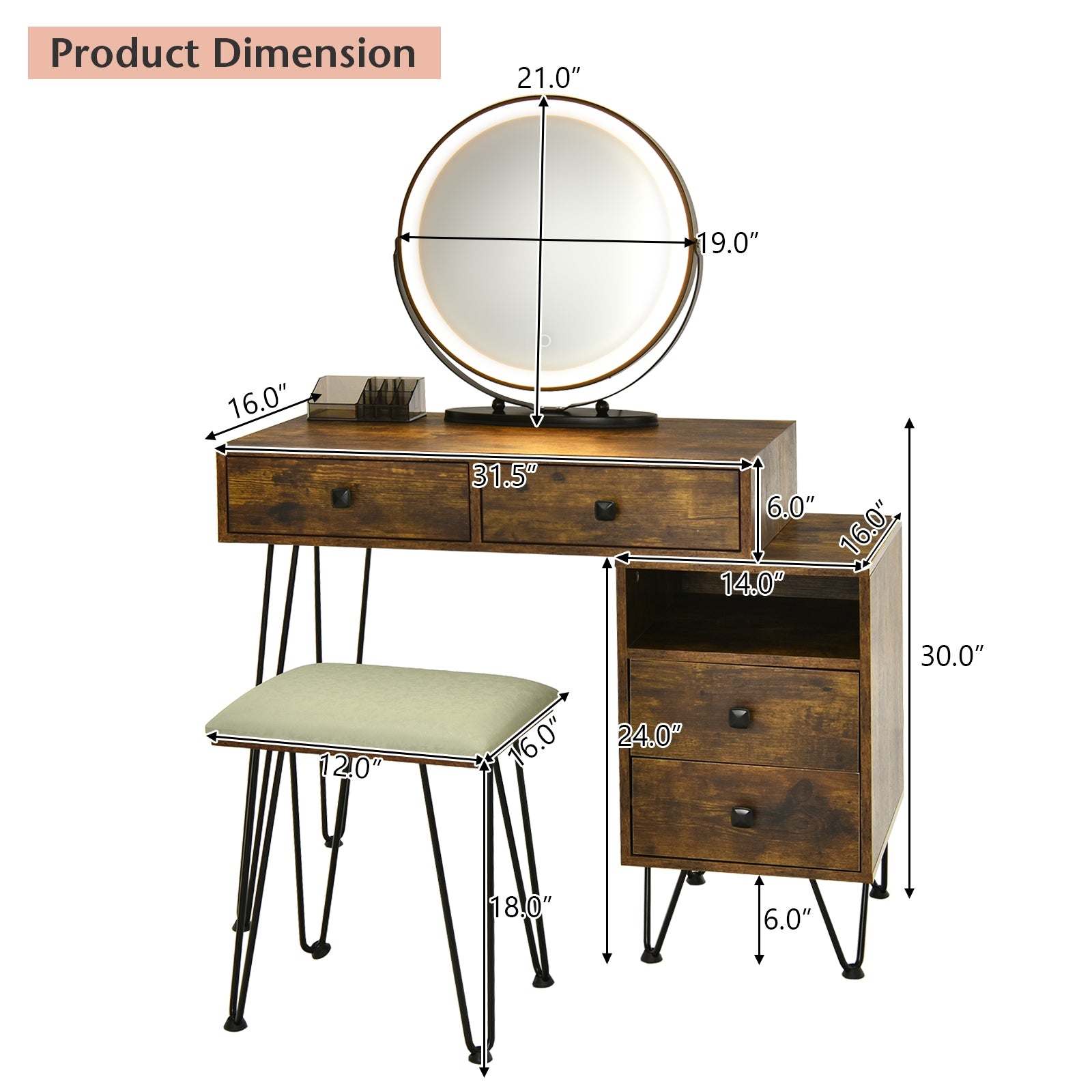 Modern Dressing Table with Storage Cabinet-Rustic Brown