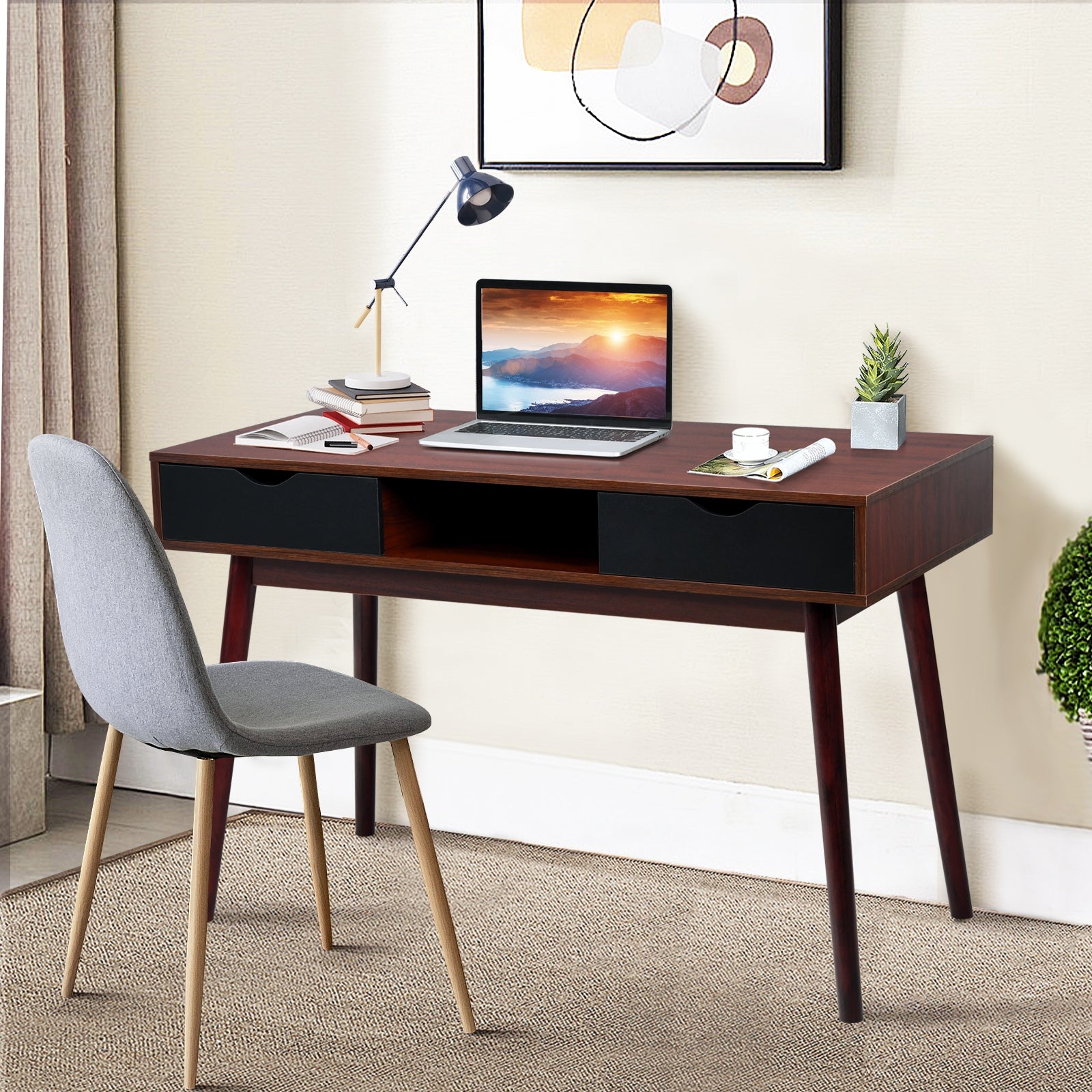 Mid Century Wooden Computer Desk with Storage Drawers-Brown 