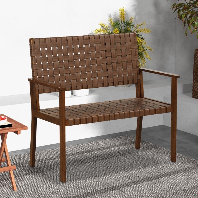 Outdoor All Weather Bench with Solid Rubber Wood Frame and Hand Woven PU Leather-Brown