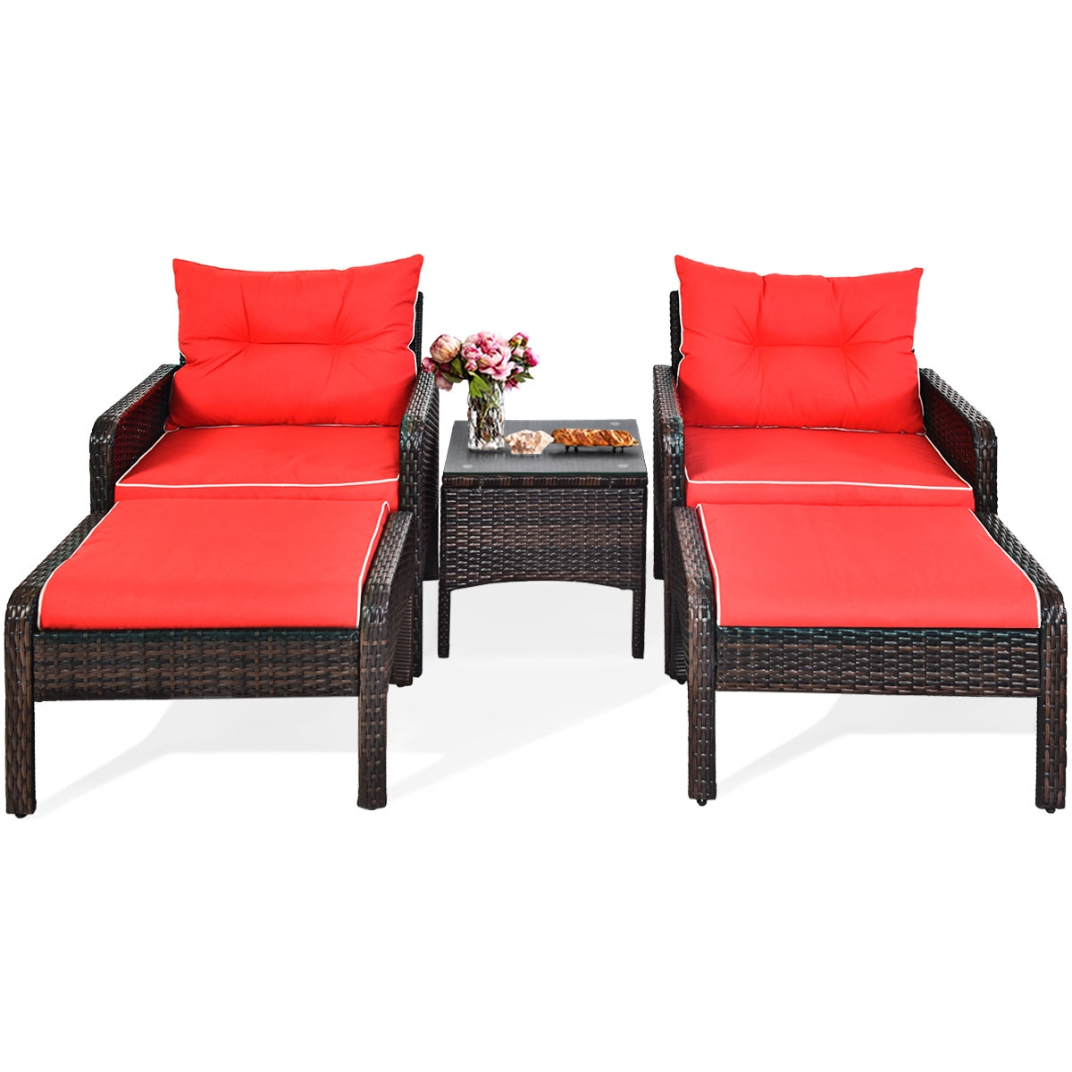 5 Pcs Patio Rattan Sofa Ottoman Furniture Set with Cushions-RedÂ 