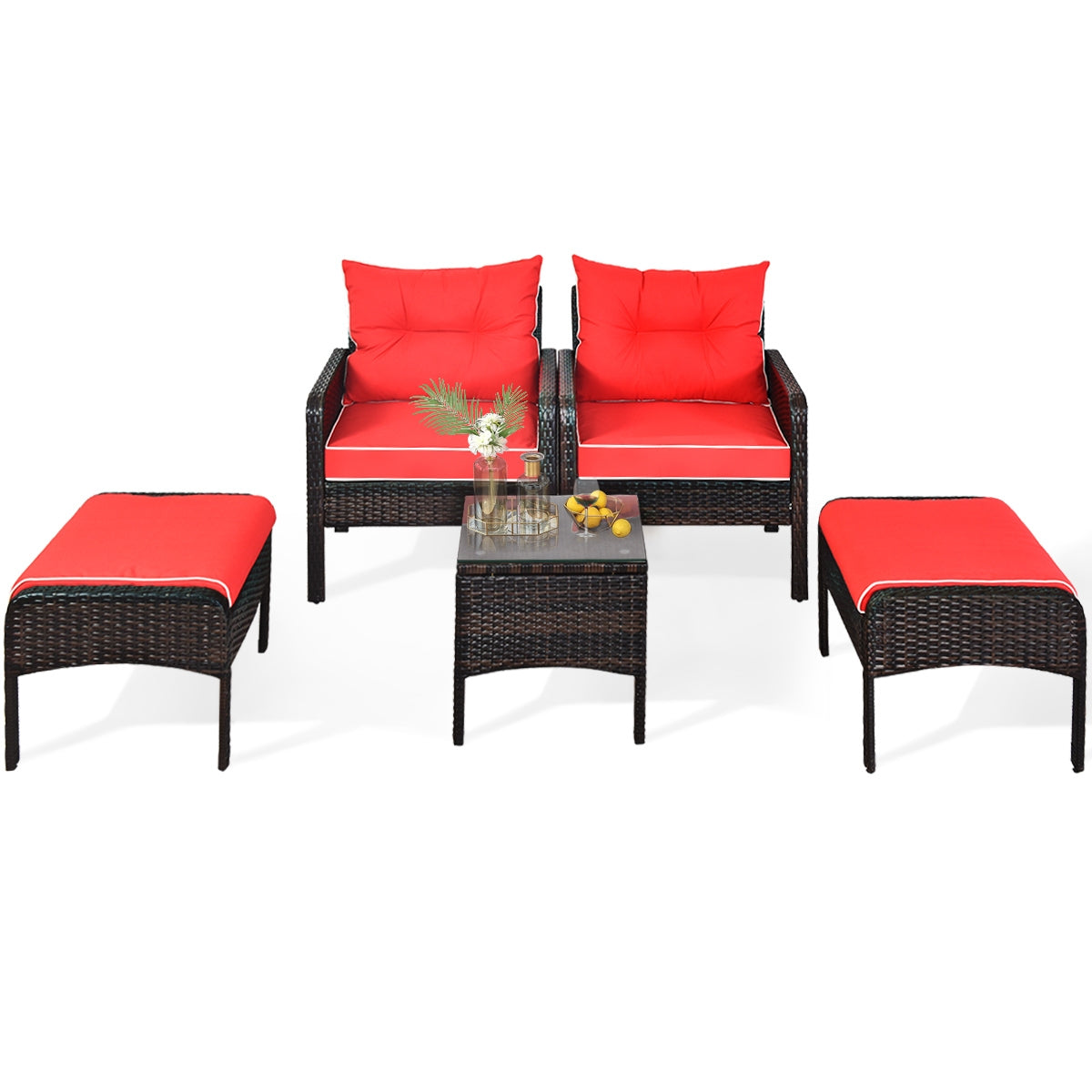 5 Pcs Patio Rattan Sofa Ottoman Furniture Set with Cushions-RedÂ 