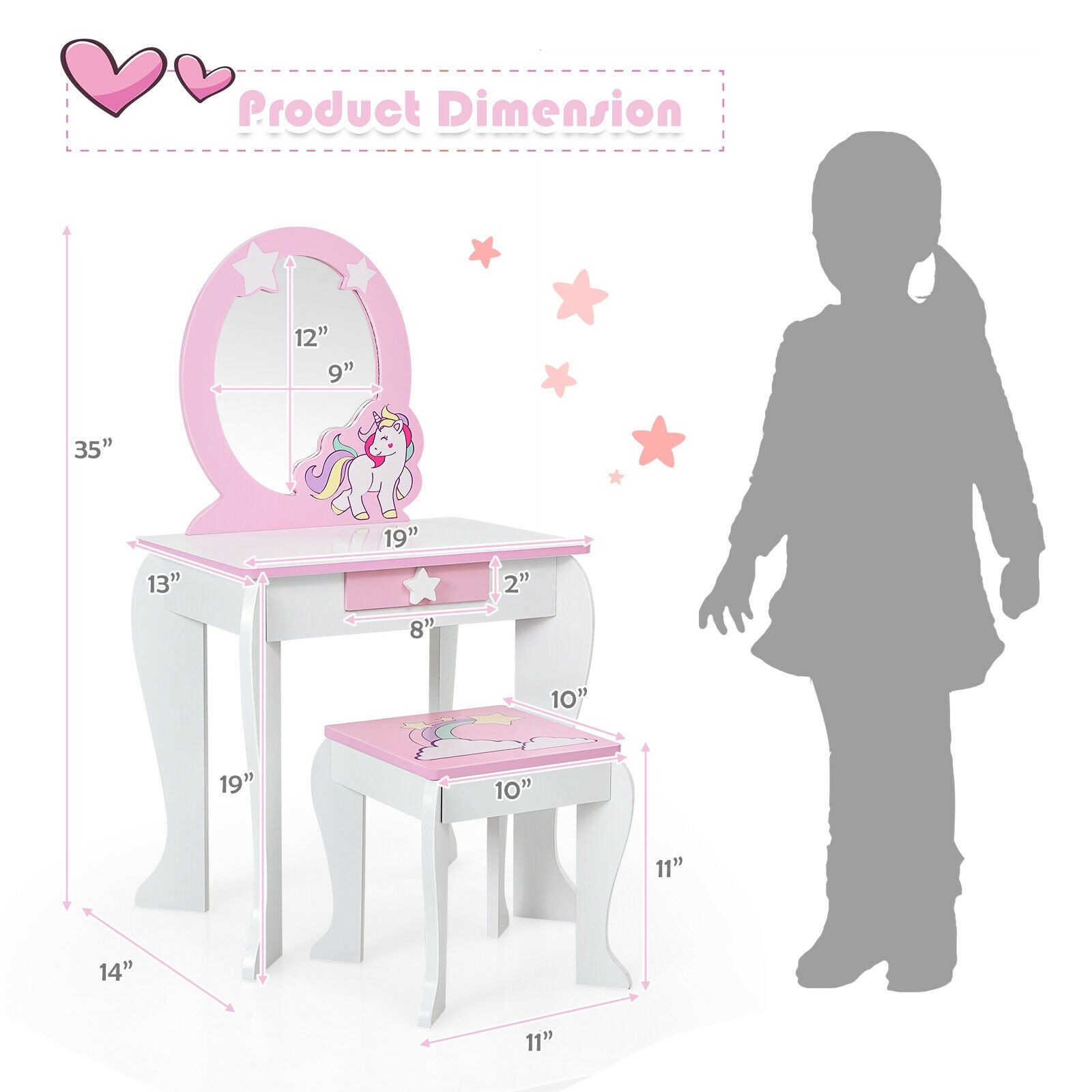 Kids Wooden Makeup Dressing Table and Chair Set with Mirror and Drawer-White