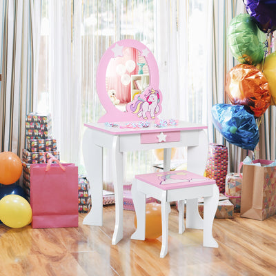 Kids Wooden Makeup Dressing Table and Chair Set with Mirror and Drawer-White 