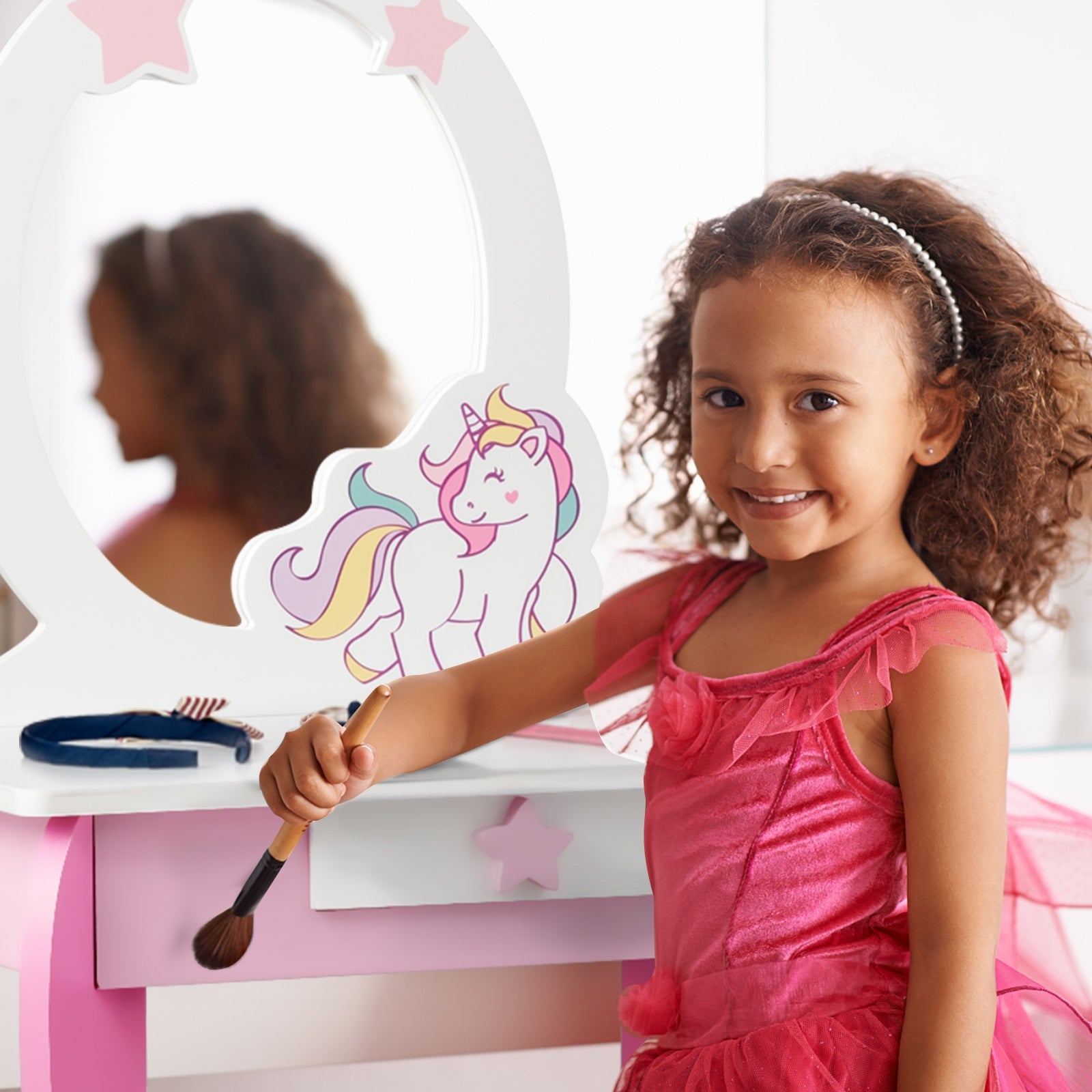 Kids Wooden Makeup Dressing Table and Chair Set with Mirror and Drawer