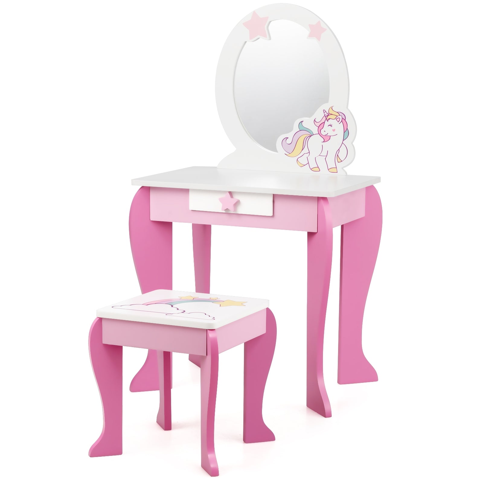 Kids Wooden Makeup Dressing Table and Chair Set with Mirror and Drawer