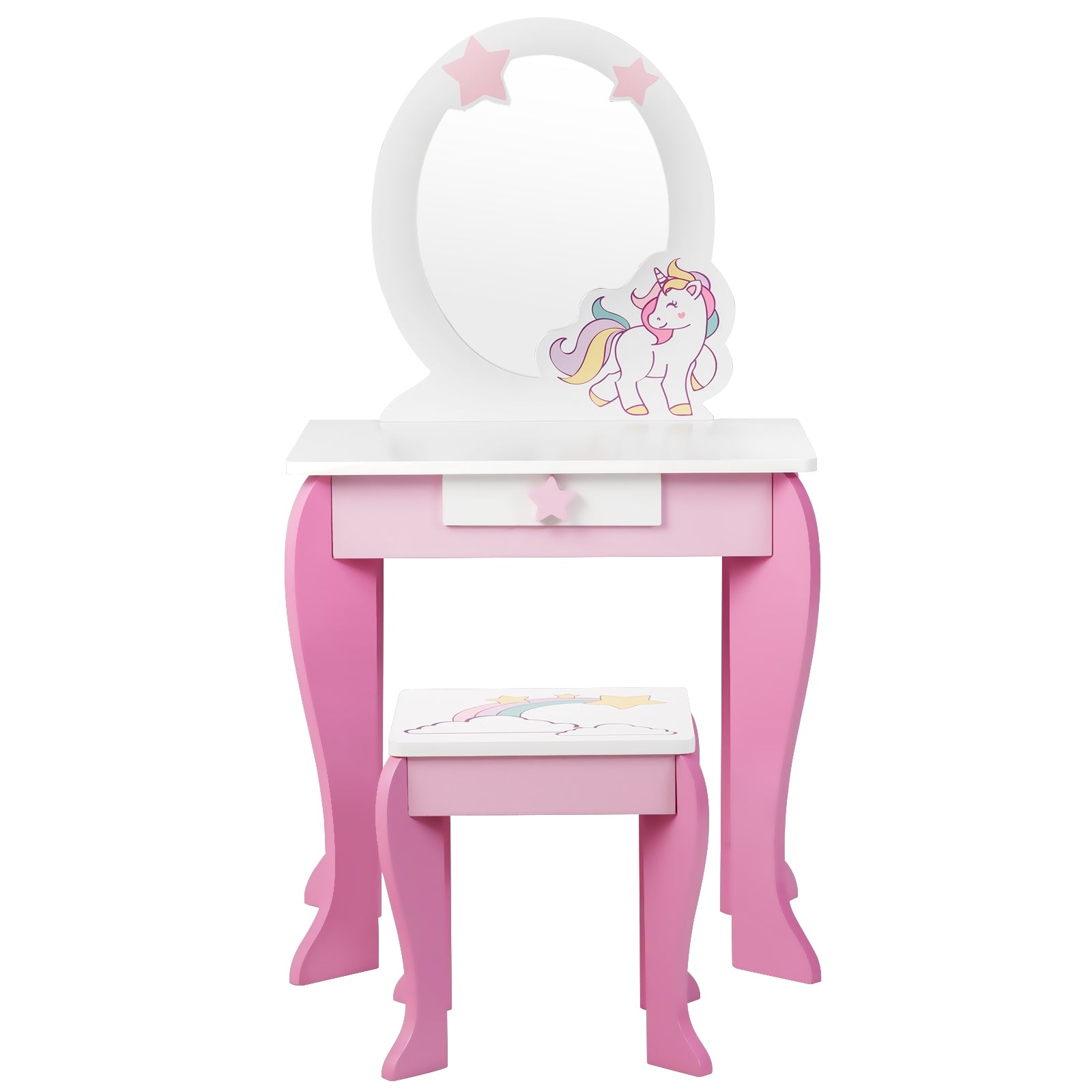 Kids Wooden Makeup Dressing Table and Chair Set with Mirror and Drawer