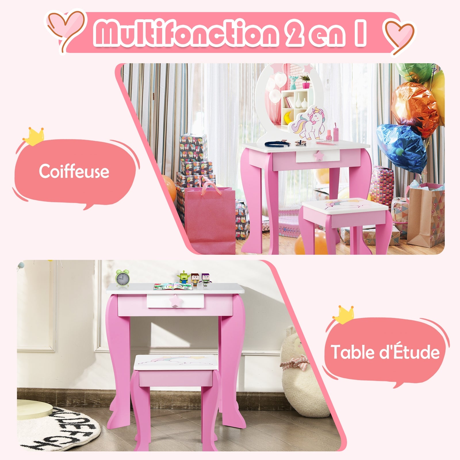 Kids Wooden Makeup Dressing Table and Chair Set with Mirror and Drawer