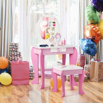 Kids Wooden Makeup Dressing Table and Chair Set with Mirror and Drawer 