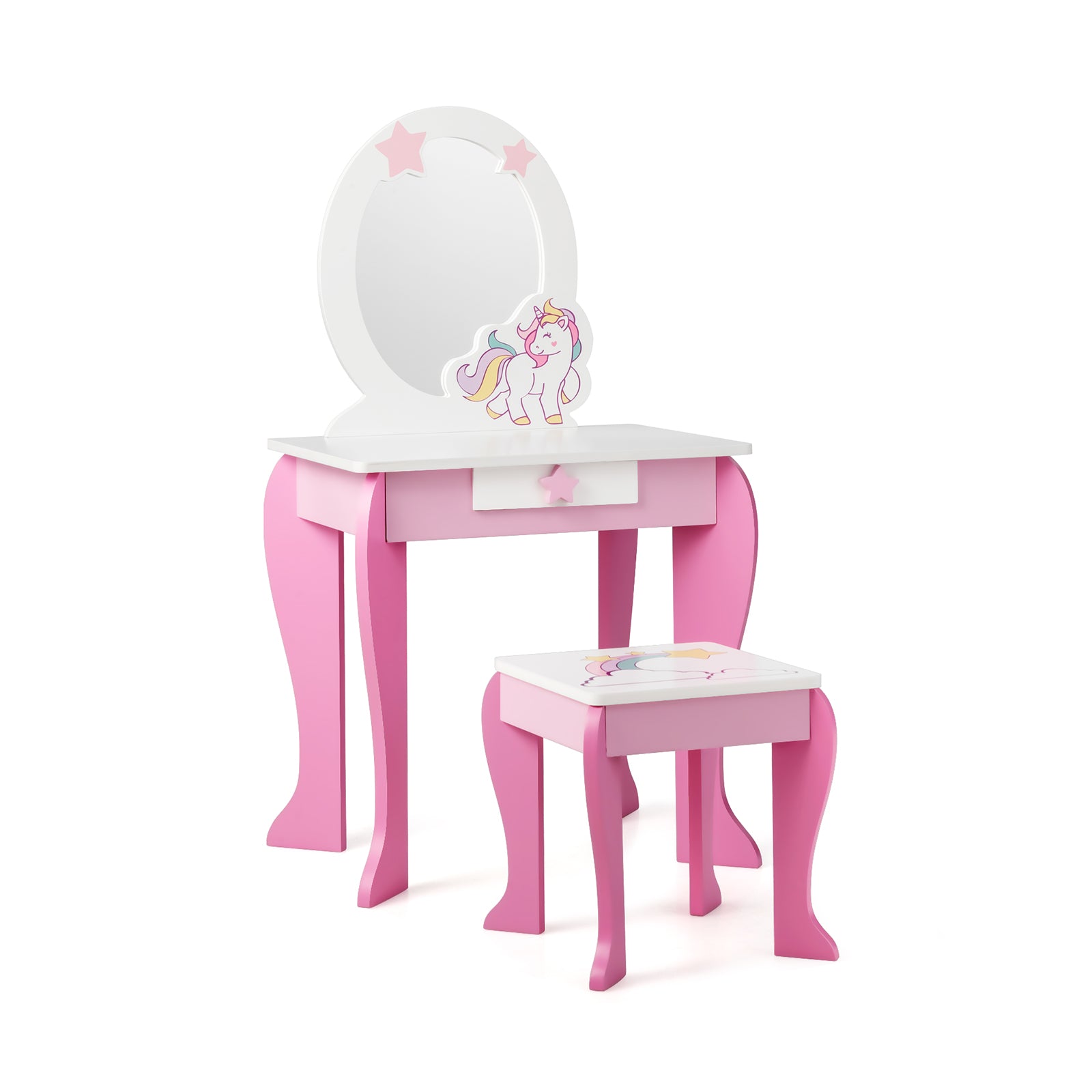 Kids Wooden Makeup Dressing Table and Chair Set with Mirror and Drawer