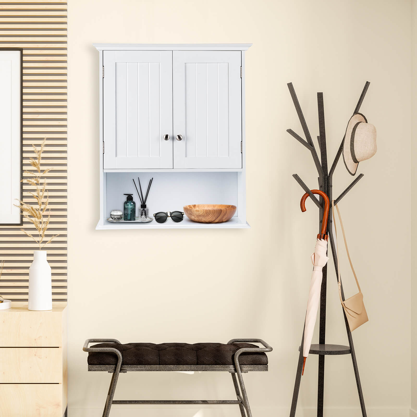 Wall Mount Bathroom Cabinet Storage Organizer with Doors and Shelves-White