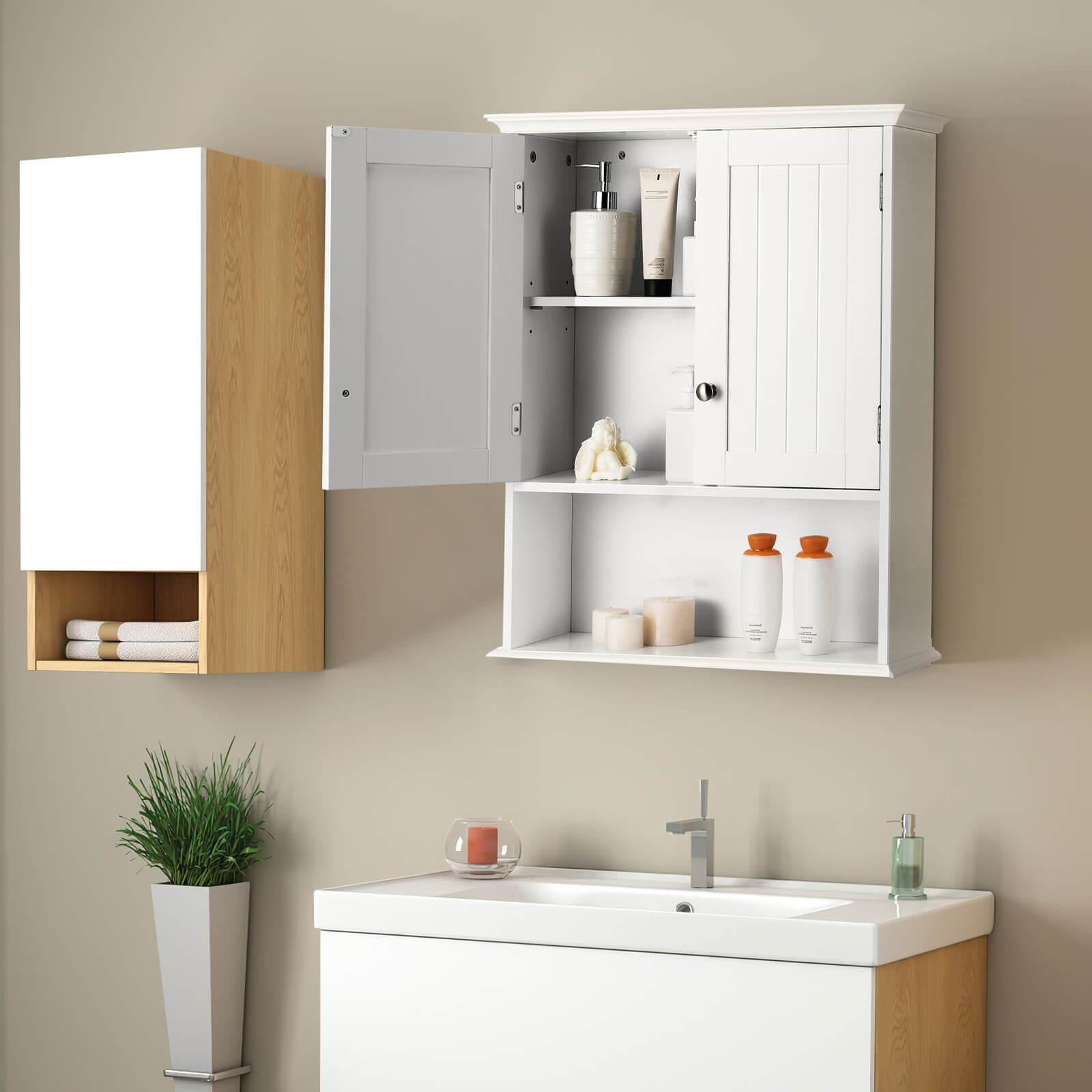 Wall Mount Bathroom Cabinet Storage Organizer with Doors and Shelves-White