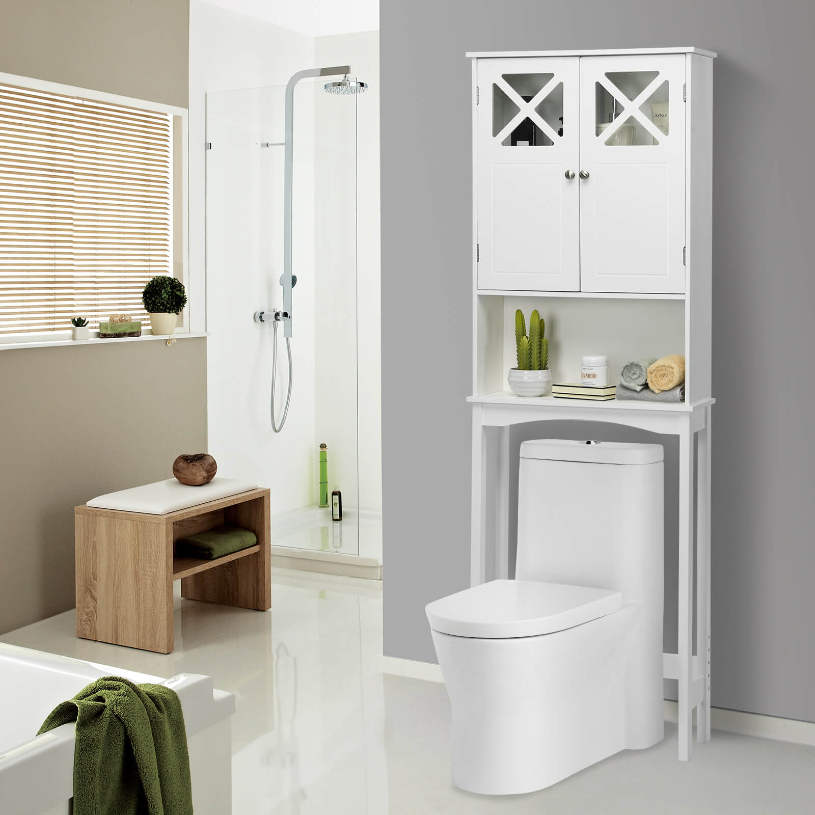 2-Door Over The Toilet Bathroom Storage Cabinet with Adjustable Shelf 