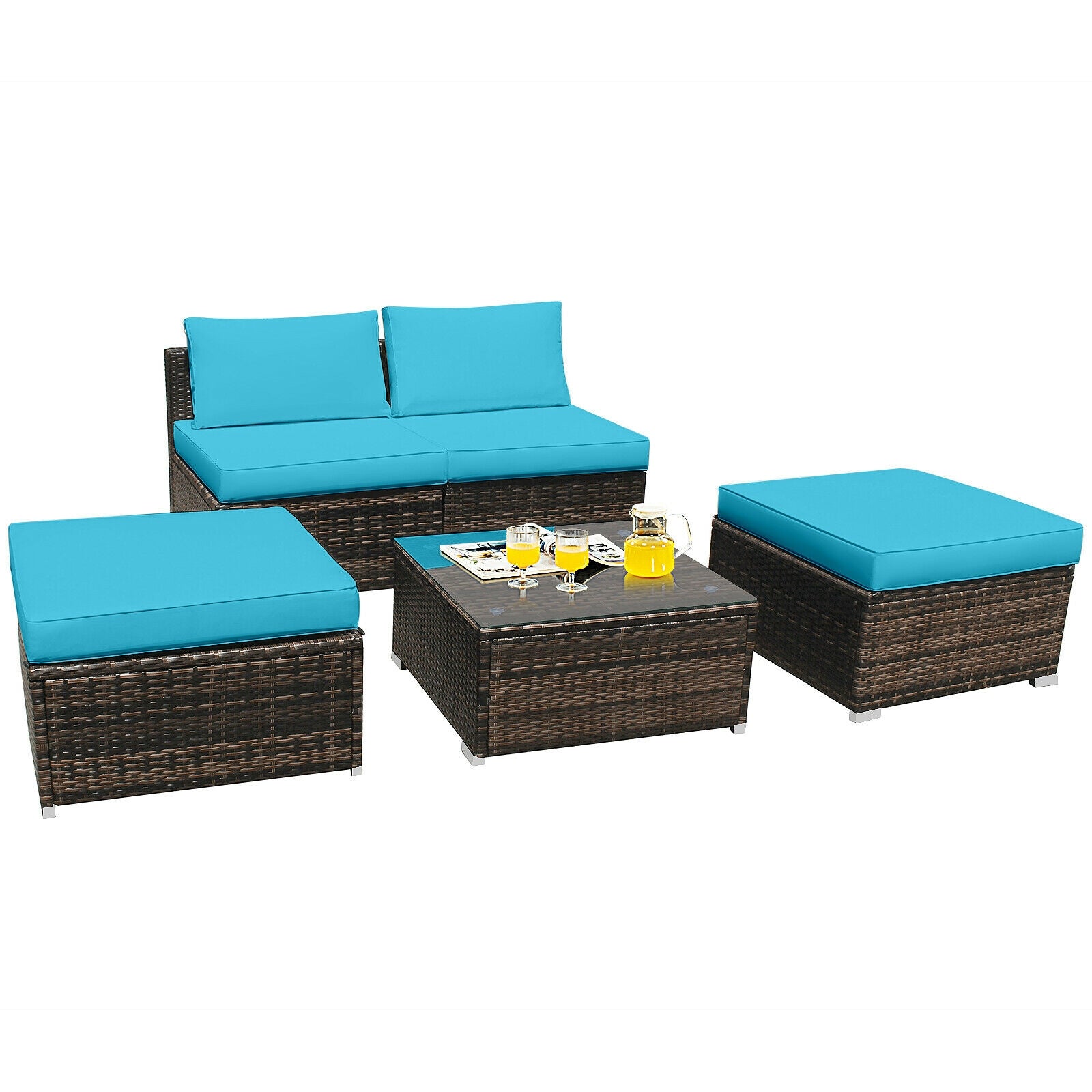 5 Pieces Patio Rattan Furniture Set with Cushioned Armless Sofa-Turquoise