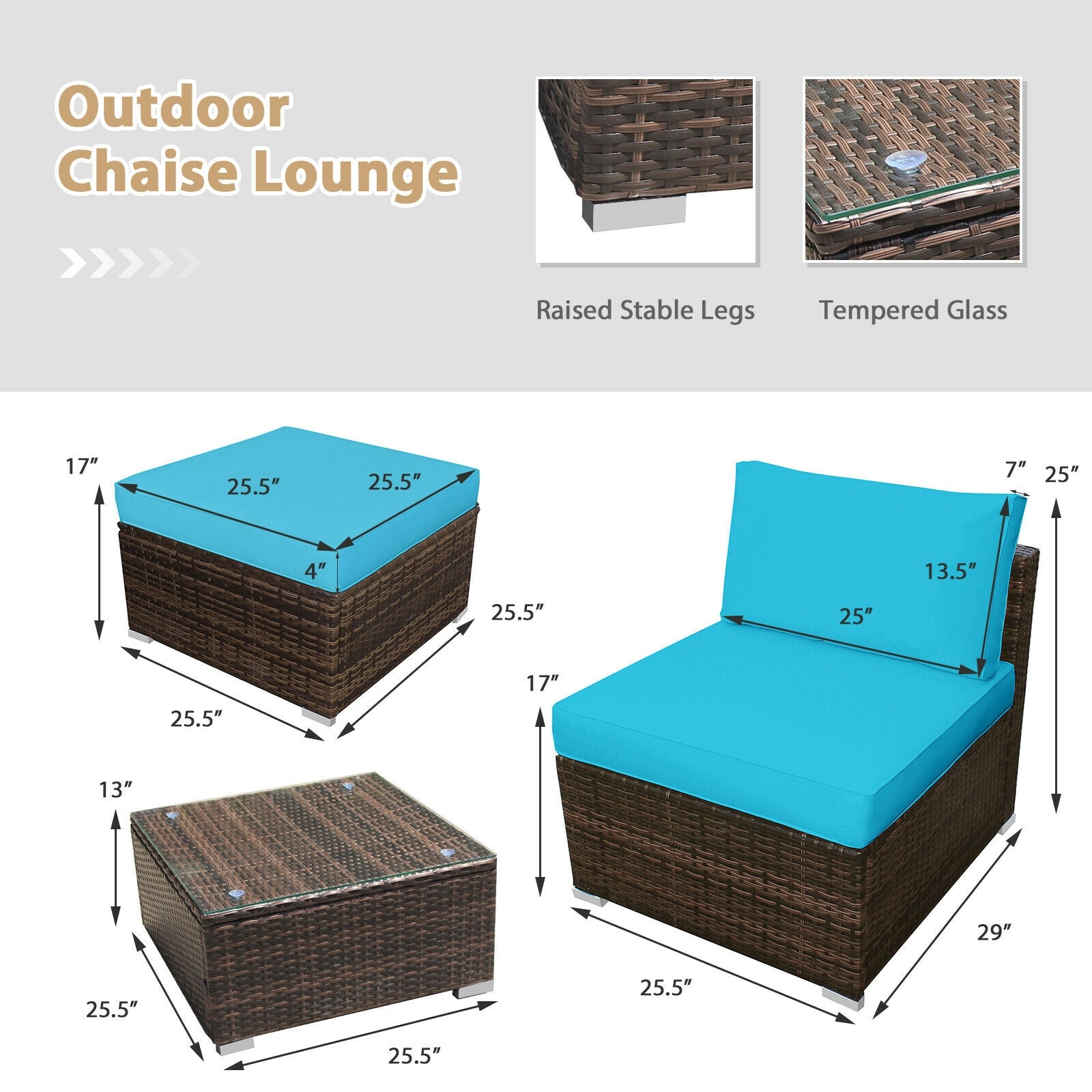 5 Pieces Patio Rattan Furniture Set with Cushioned Armless Sofa-Turquoise