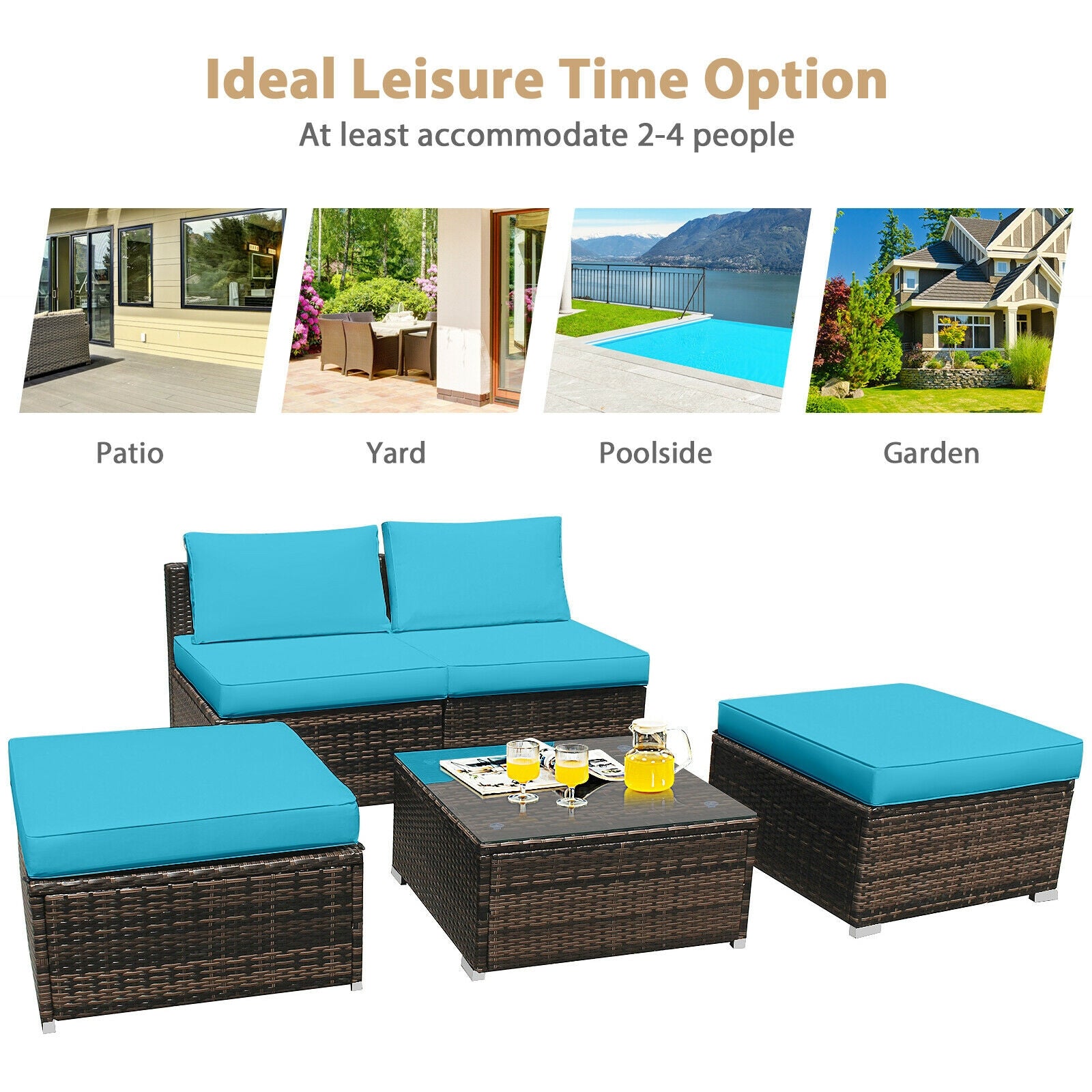 5 Pieces Patio Rattan Furniture Set with Cushioned Armless Sofa-Turquoise