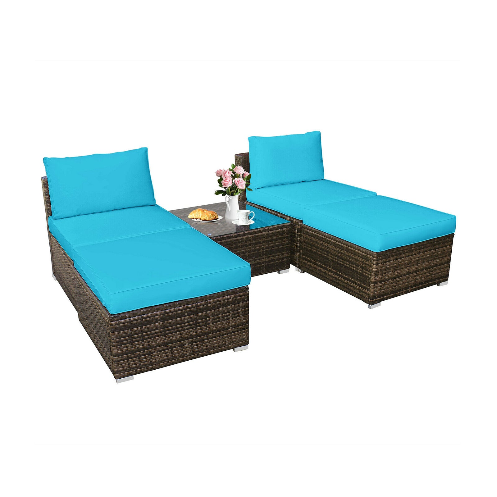 5 Pieces Patio Rattan Furniture Set with Cushioned Armless Sofa-Turquoise